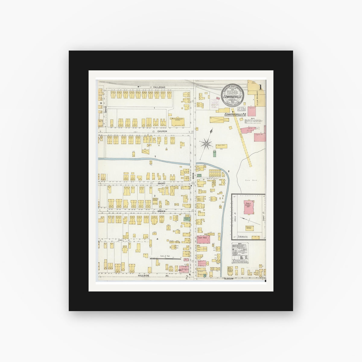 Old map wall art mockup — black gallery frame with white mat — Sanborn Fire Insurance Map from Edwardsville, Luzerne County, Pennsylvania (1903) - Complete Map Set