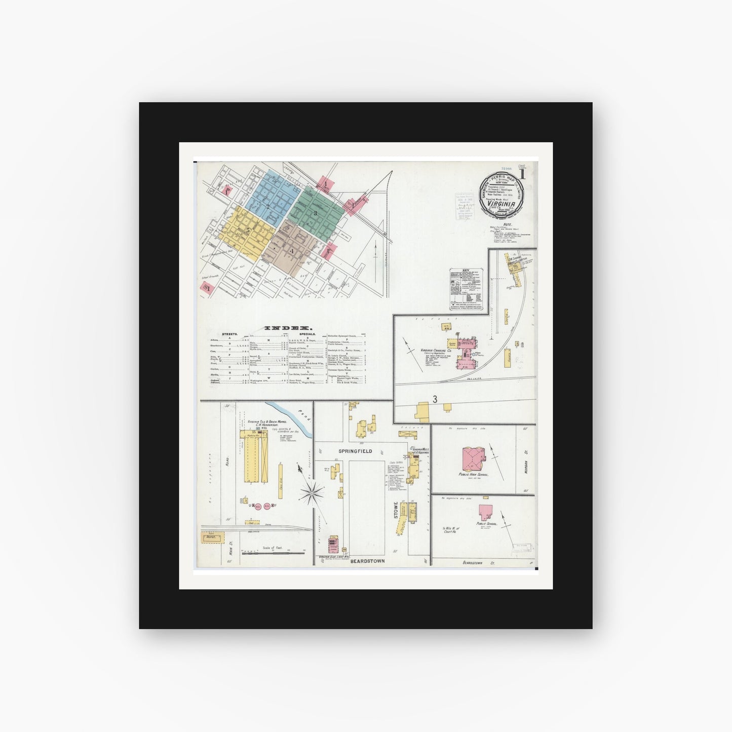 Old map wall art mockup — black gallery frame with white mat — Sanborn Fire Insurance Map from Virginia, Cass County, Illinois (1900), Sheet #0001