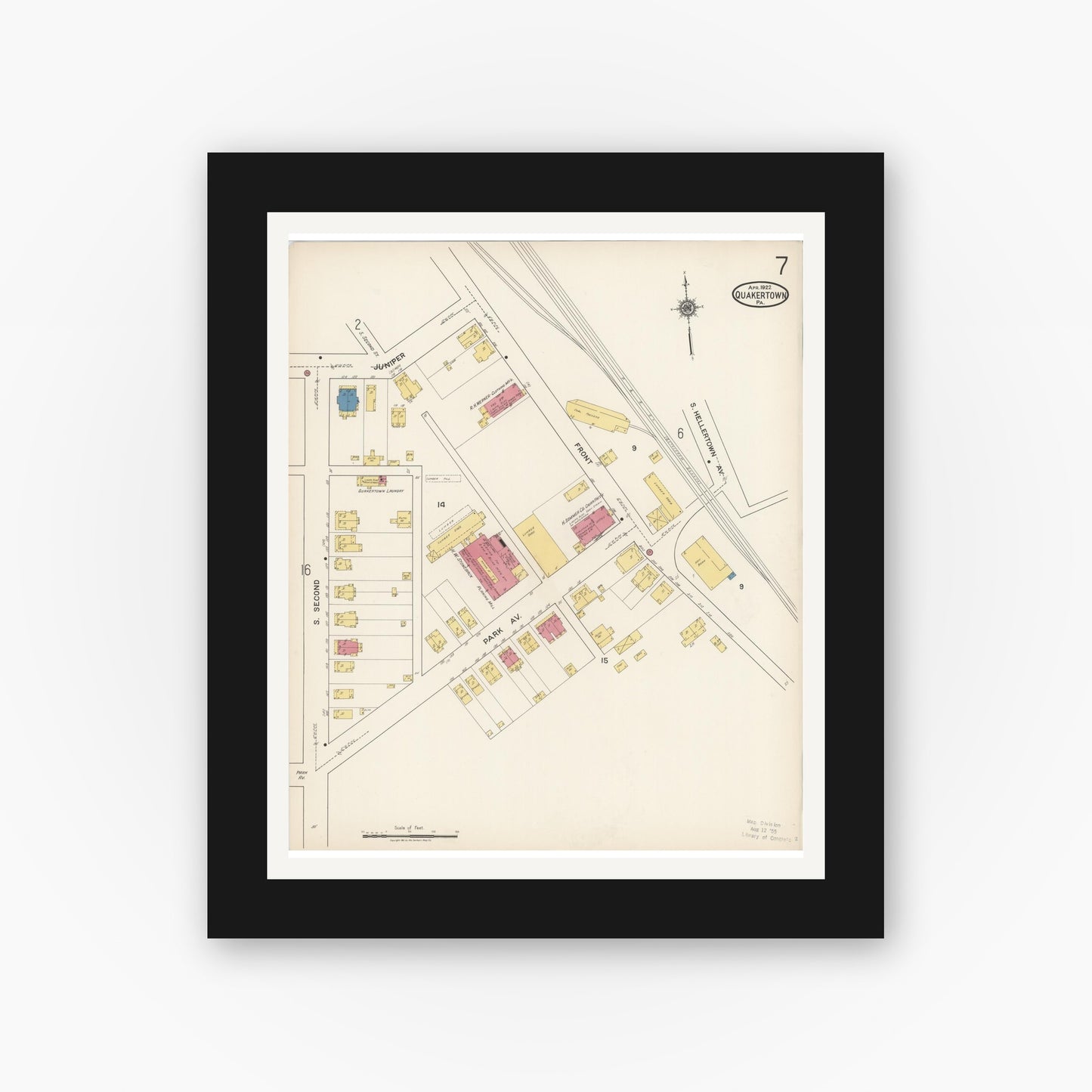 Old map wall art mockup — black gallery frame with white mat — Sanborn Fire Insurance Map from Quakertown, Bucks County, Pennsylvania (1922), Sheet #0007