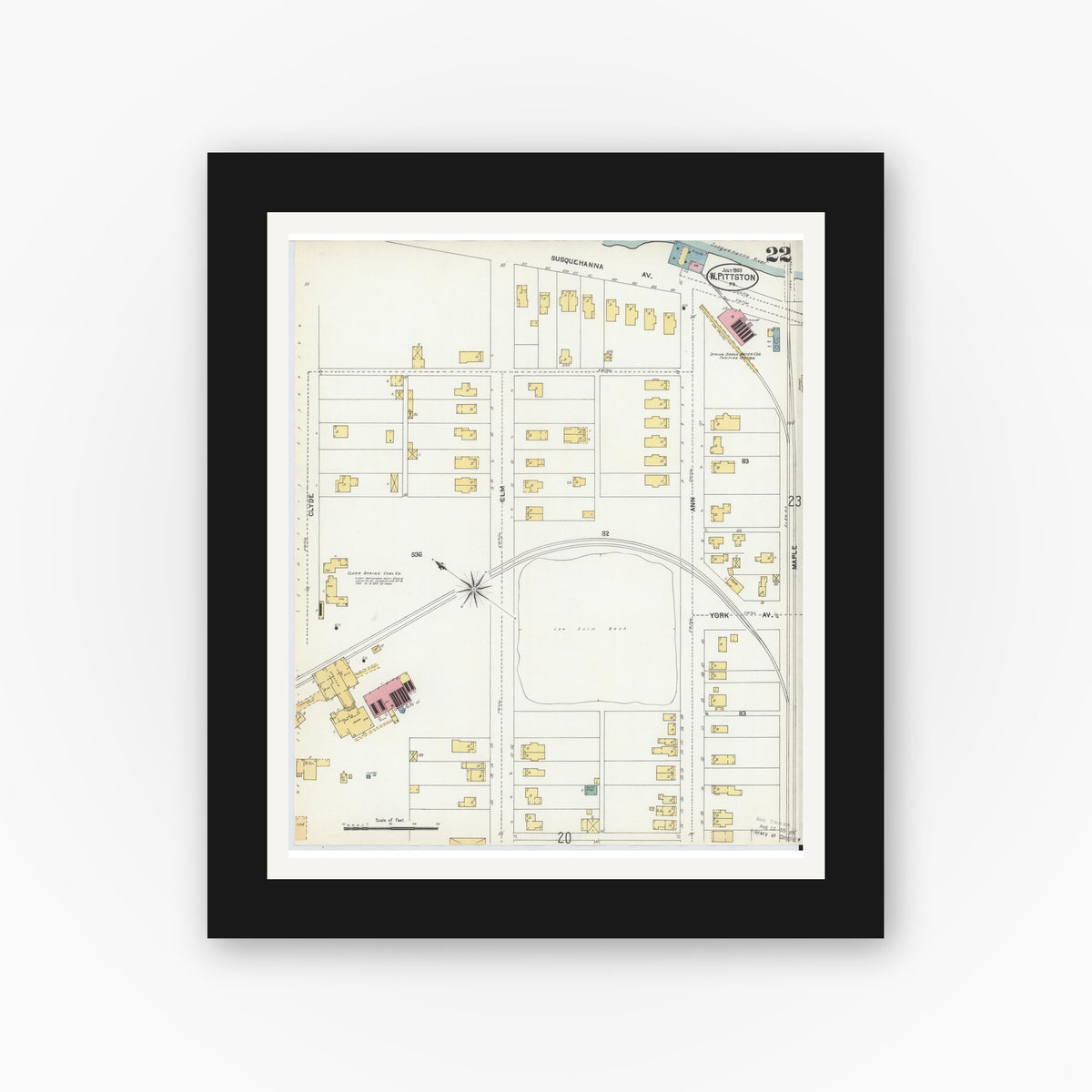 Old map wall art mockup — black gallery frame with white mat — Sanborn Fire Insurance Map from Pittston, Luzerne County, Pennsylvania (1903), Sheet #0022