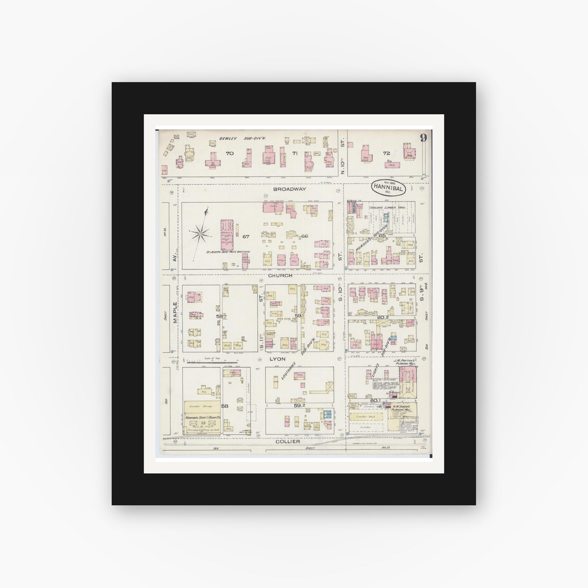 Old map wall art mockup — black gallery frame with white mat — Sanborn Fire Insurance Map from Hannibal, Marion County, Missouri (1885), Sheet #0009
