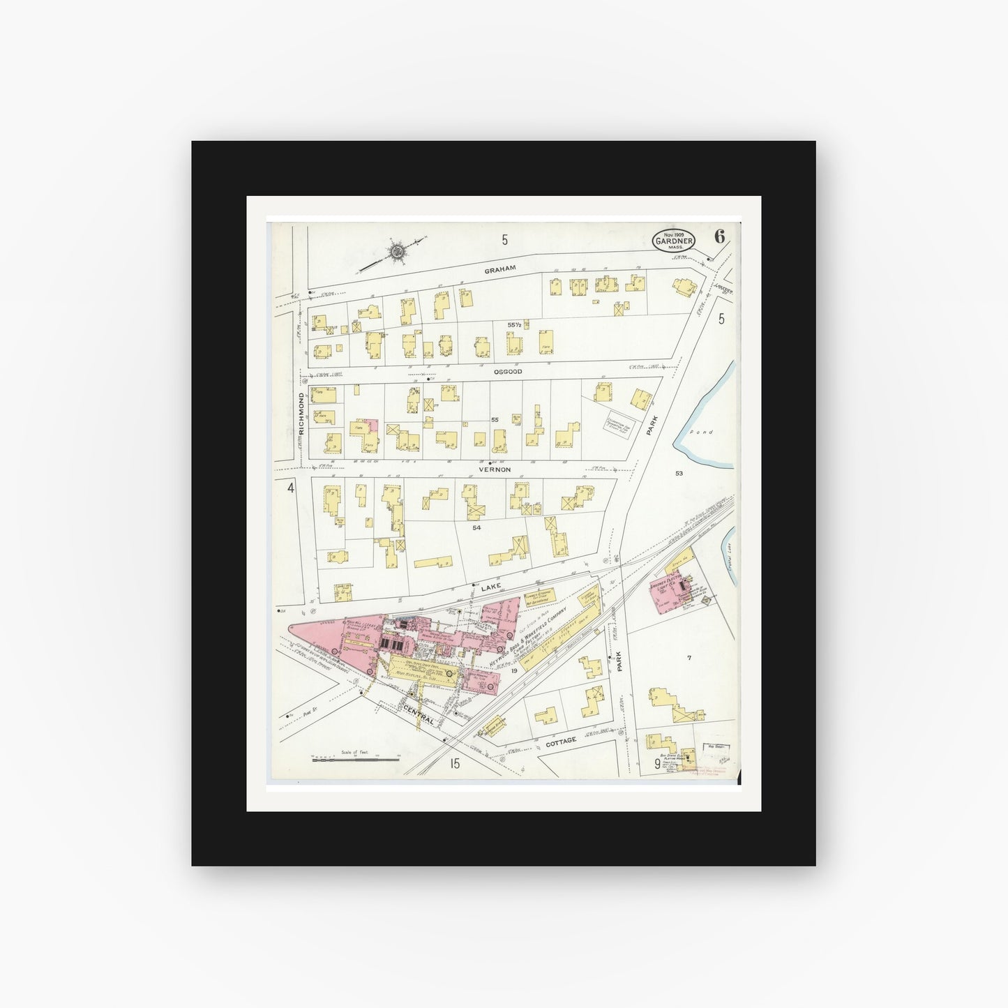 Old map wall art mockup — black gallery frame with white mat — Sanborn Fire Insurance Map from Gardner, Worcester County, Massachusetts (1909), Sheet #0006