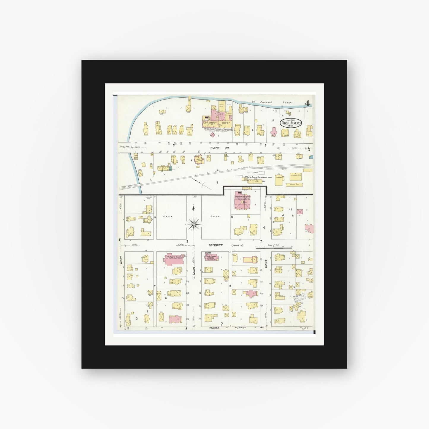 Old map wall art mockup — black gallery frame with white mat — Sanborn Fire Insurance Map from Three Rivers, Saint Joseph County, Michigan (1909), Sheet #0004