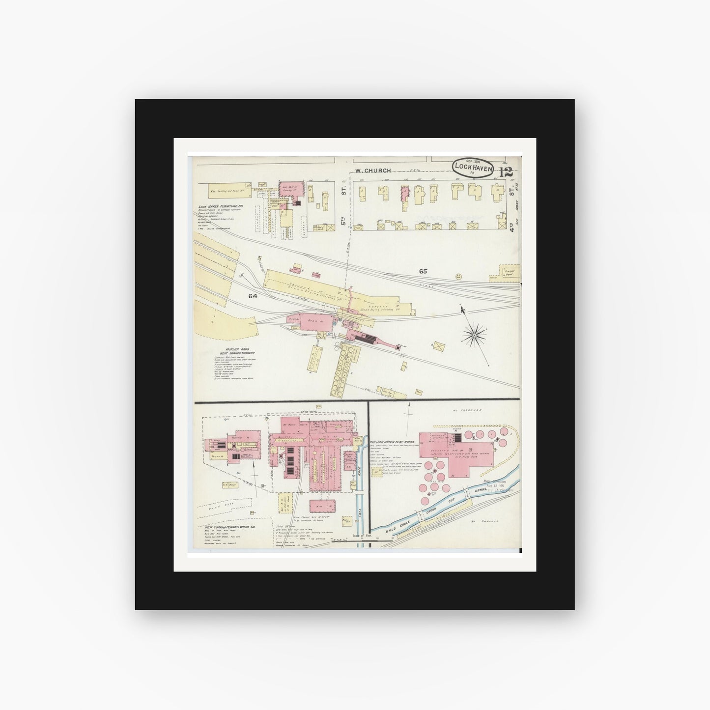 Old map wall art mockup — black gallery frame with white mat — Sanborn Fire Insurance Map from Lock Haven, Clinton County, Pennsylvania (1891), Sheet #0012