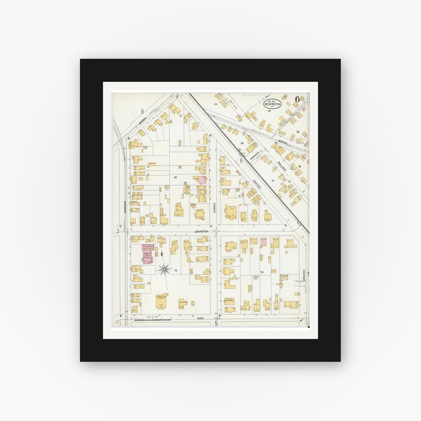 Old map wall art mockup — black gallery frame with white mat — Sanborn Fire Insurance Map from New Bern, Craven County, North Carolina (1904), Sheet #0006