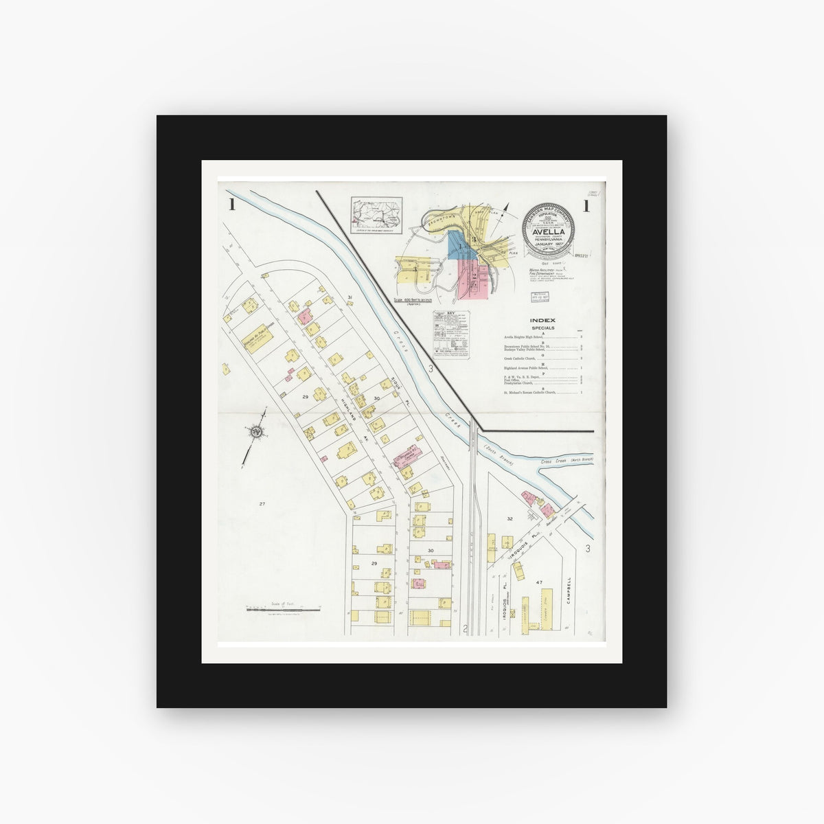 Old map wall art mockup — black gallery frame with white mat — Sanborn Fire Insurance Map from Avella, Washington County, Pennsylvania (1927) - Complete Map Set