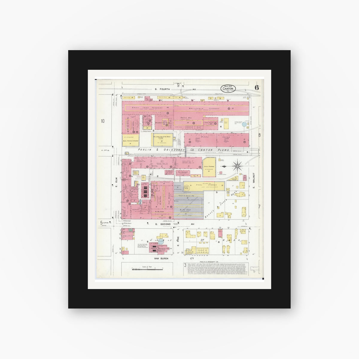 Old map wall art mockup — black gallery frame with white mat — Sanborn Fire Insurance Map from Canton, Fulton County, Illinois (1909), Sheet #0006