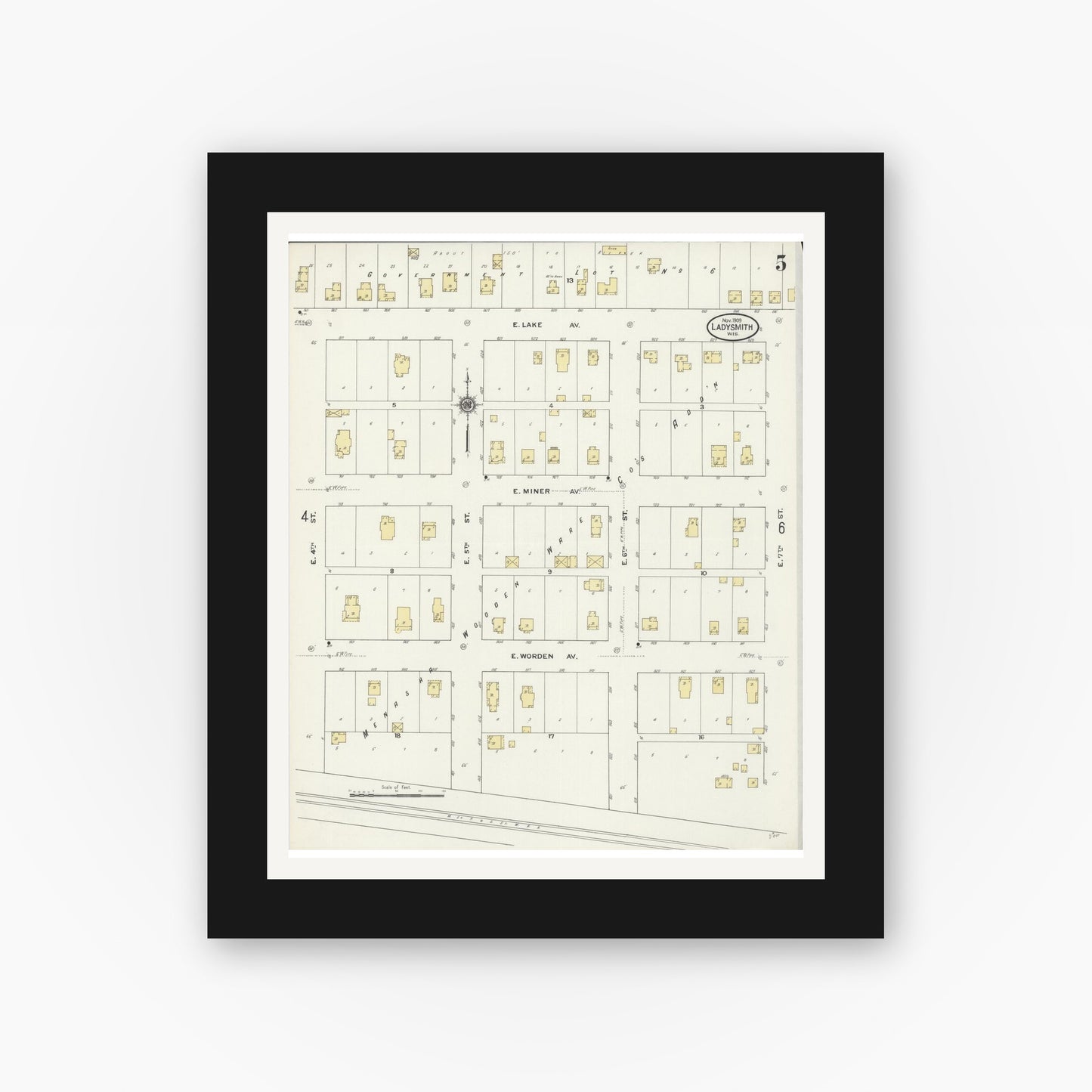 Old map wall art mockup — black gallery frame with white mat — Sanborn Fire Insurance Map from Ladysmith, Rusk County, Wisconsin (1909), Sheet #0005