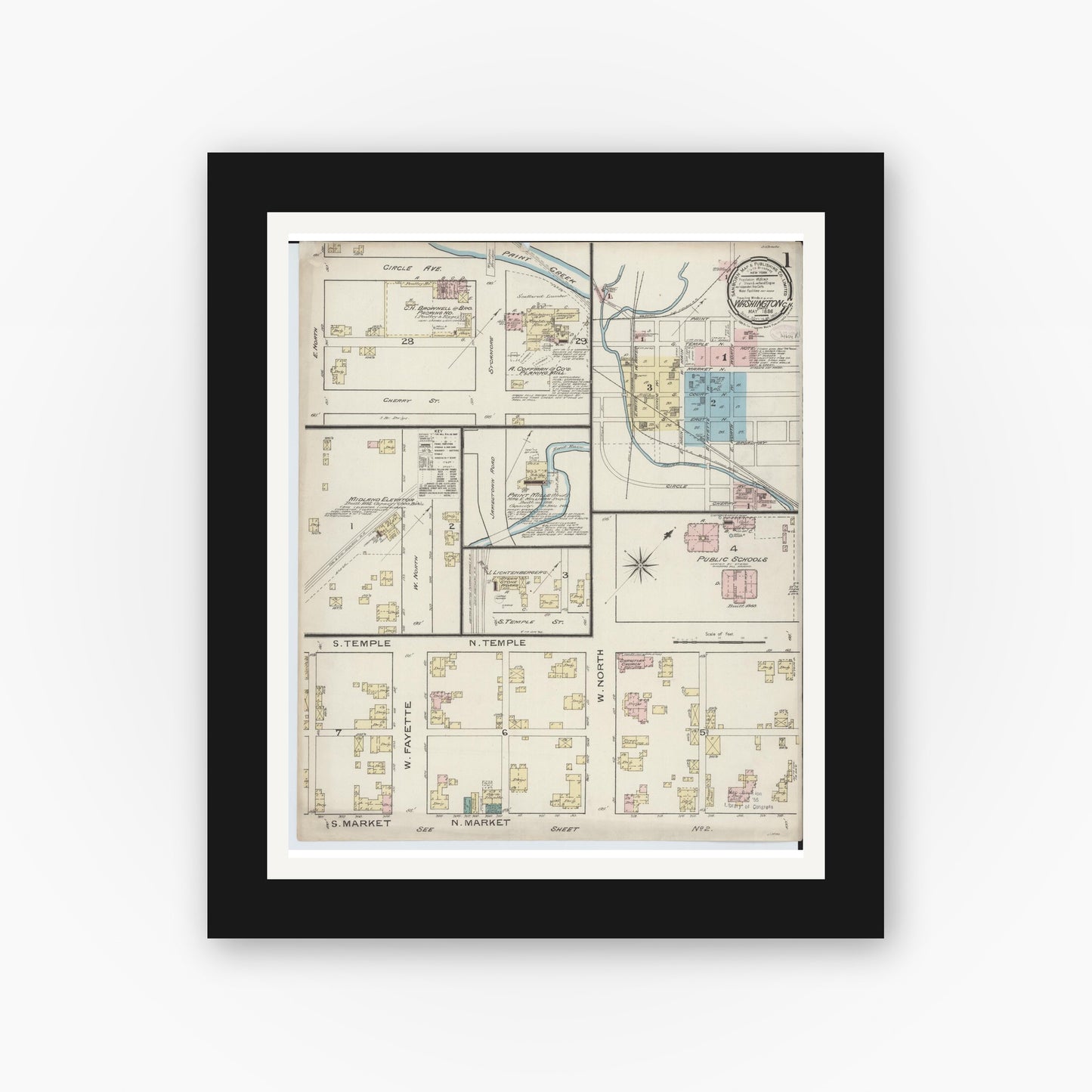 Old map wall art mockup — black gallery frame with white mat — Sanborn Fire Insurance Map from Washington Court House, Fayette County, Ohio (1886), Sheet #0001