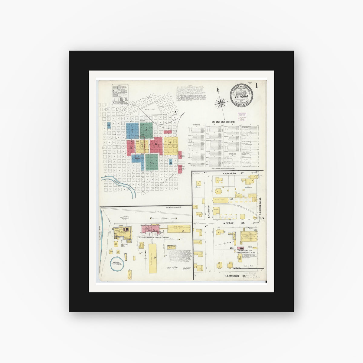 Old map wall art mockup — black gallery frame with white mat — Sanborn Fire Insurance Map from Victoria, Victoria County, Texas (1907) - Complete Map Set