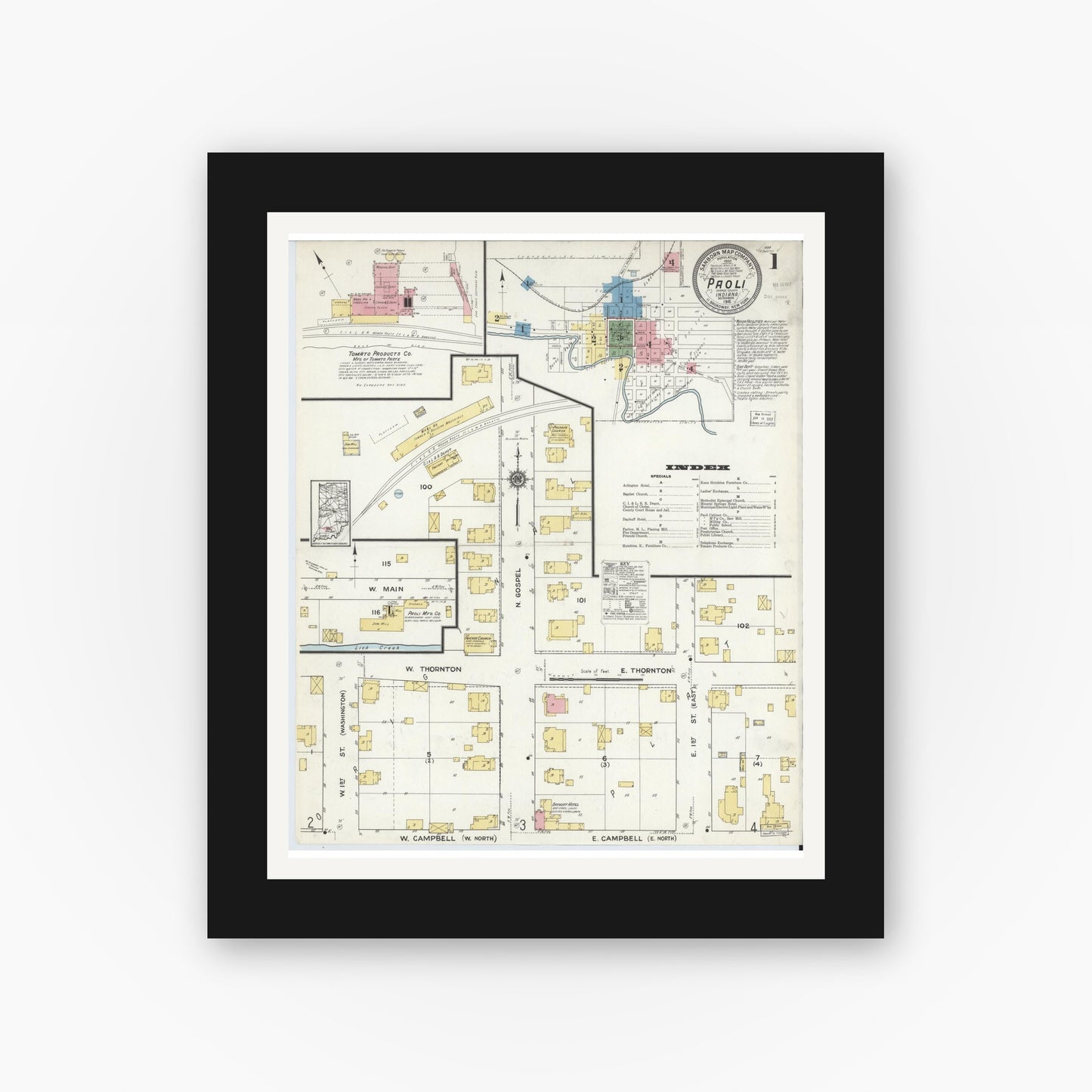 Old map wall art mockup — black gallery frame with white mat — Sanborn Fire Insurance Map from Paoli, Orange County, Indiana (1916) - Complete Map Set