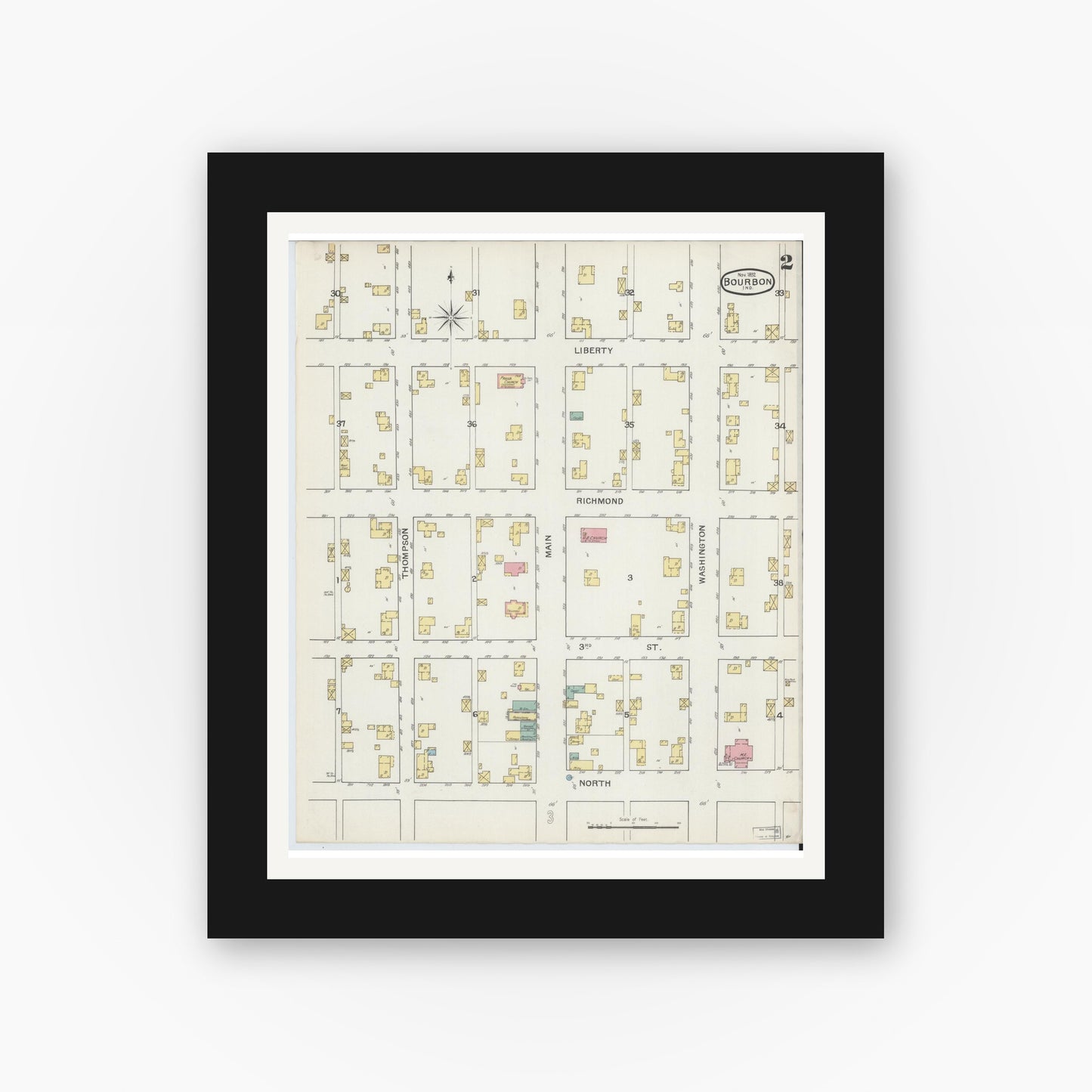 Old map wall art mockup — black gallery frame with white mat — Sanborn Fire Insurance Map from Bourbon, Marshall County, Indiana (1892), Sheet #0002