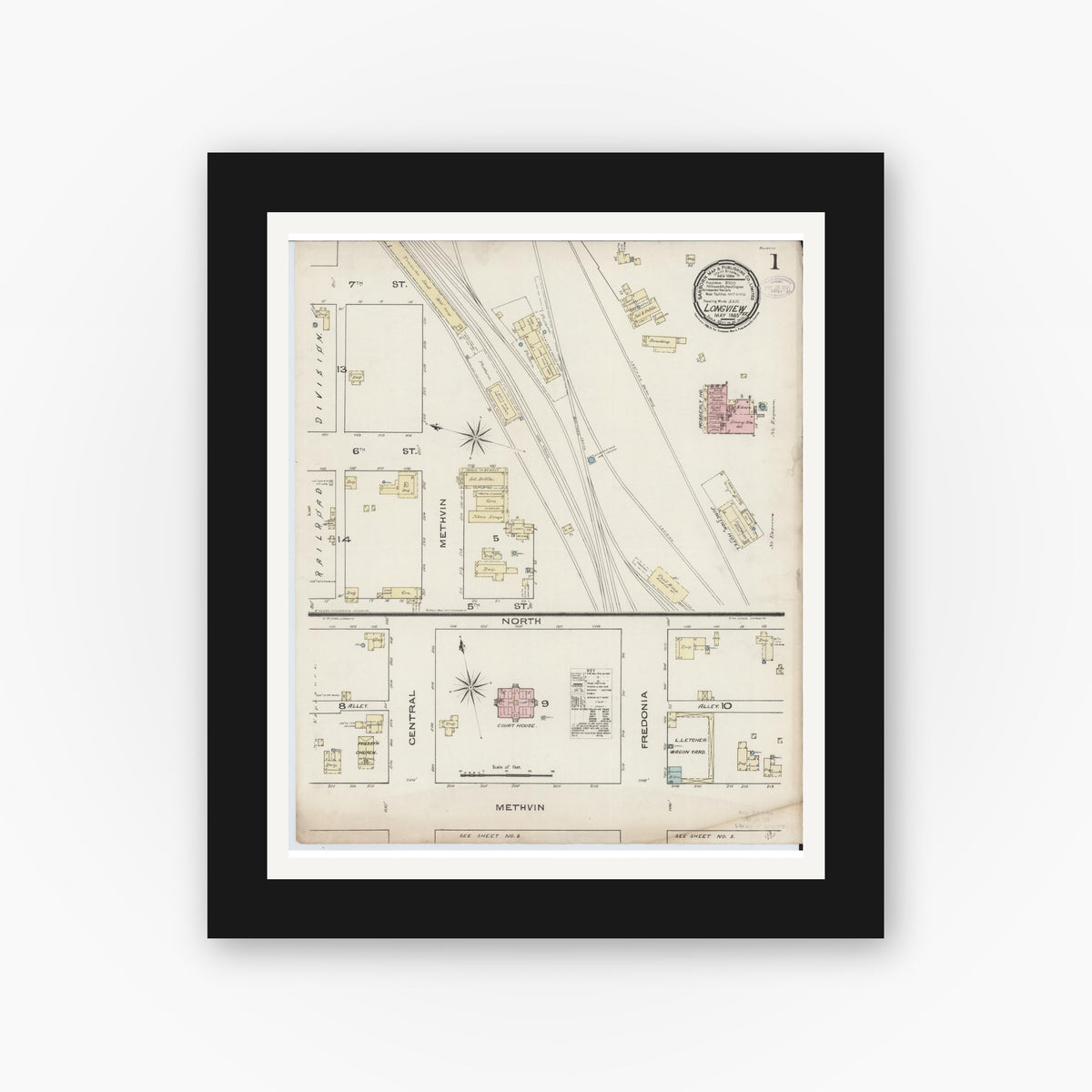 Old map wall art mockup — black gallery frame with white mat — Sanborn Fire Insurance Map from Longview, Gregg County, Texas (1885), Sheet #0001