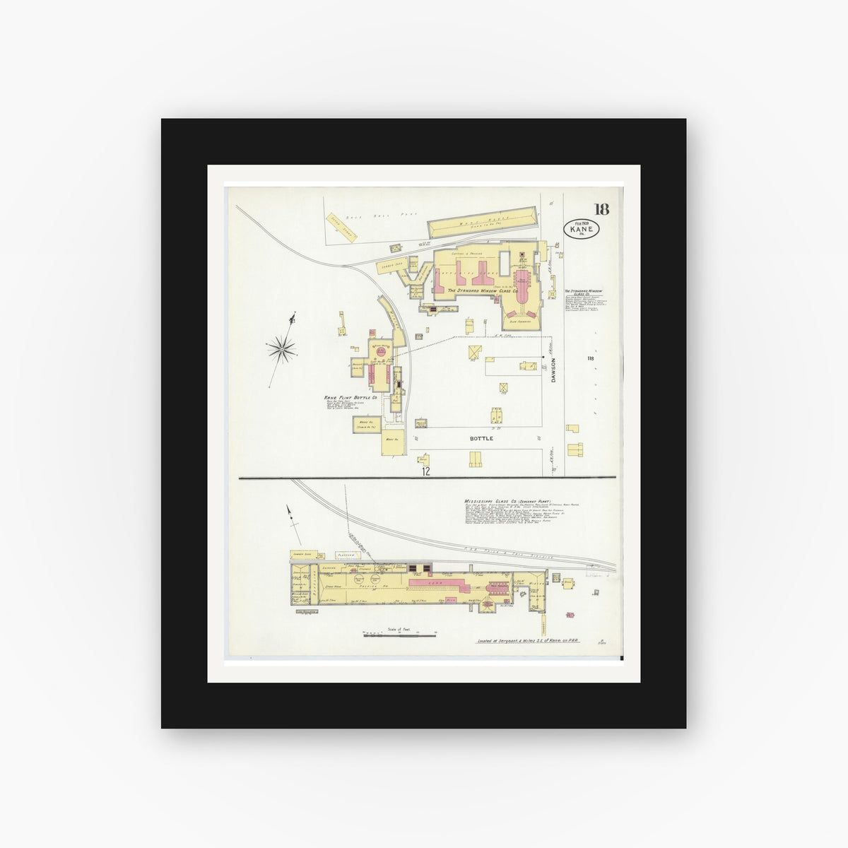 Old map wall art mockup β black gallery frame with white mat β Sanborn Fire Insurance Map from Kane, McKean County, Pennsylvania (1909), Sheet #0018