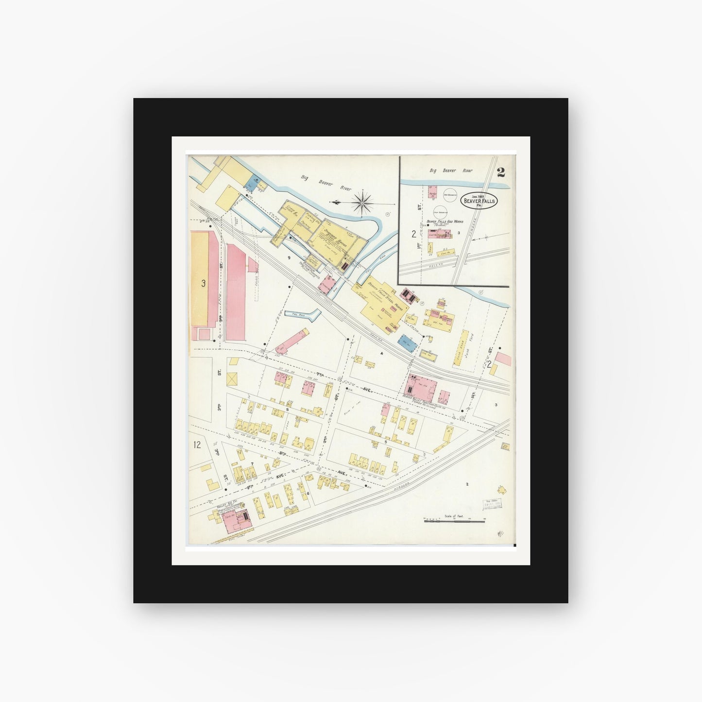 Old map wall art mockup — black gallery frame with white mat — Sanborn Fire Insurance Map from Beaver Falls, Beaver County, Pennsylvania (1907), Sheet #0002