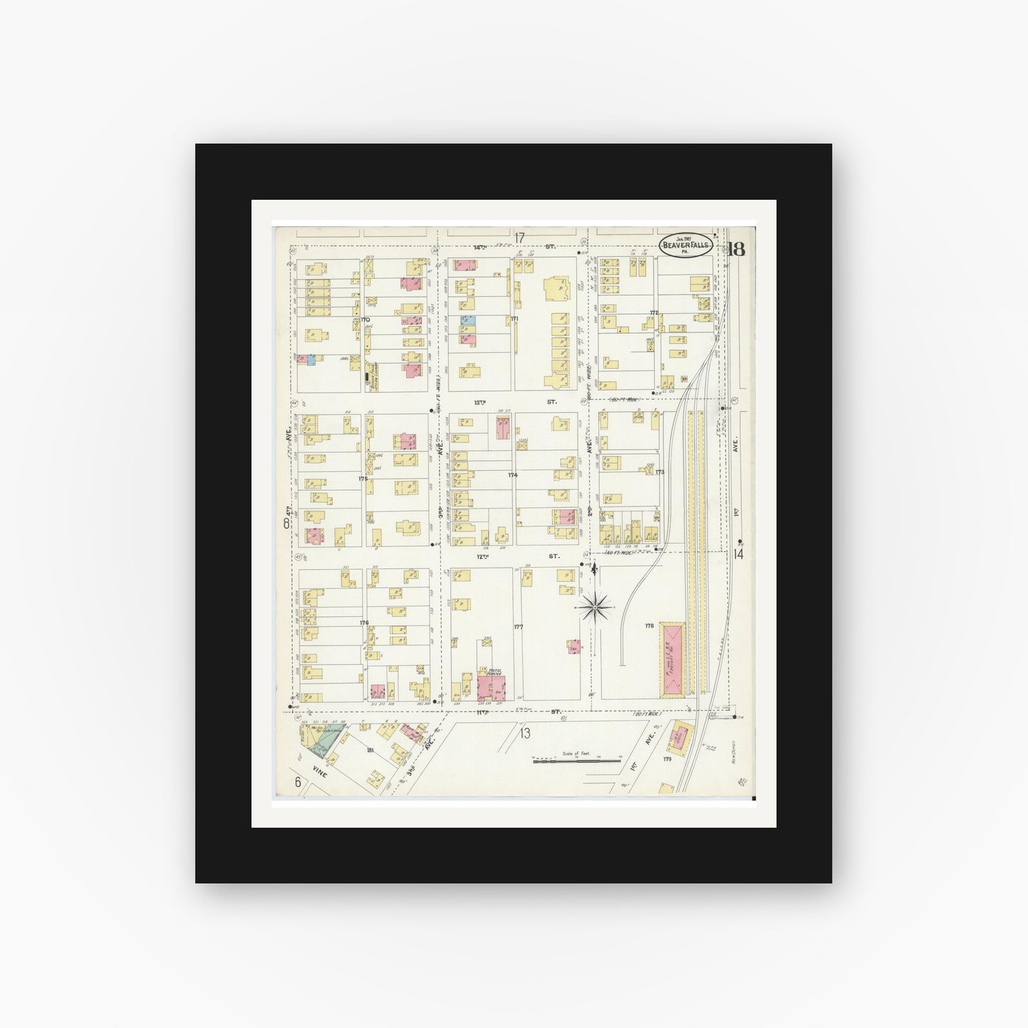 Old map wall art mockup — black gallery frame with white mat — Sanborn Fire Insurance Map from Beaver Falls, Beaver County, Pennsylvania (1907), Sheet #0018