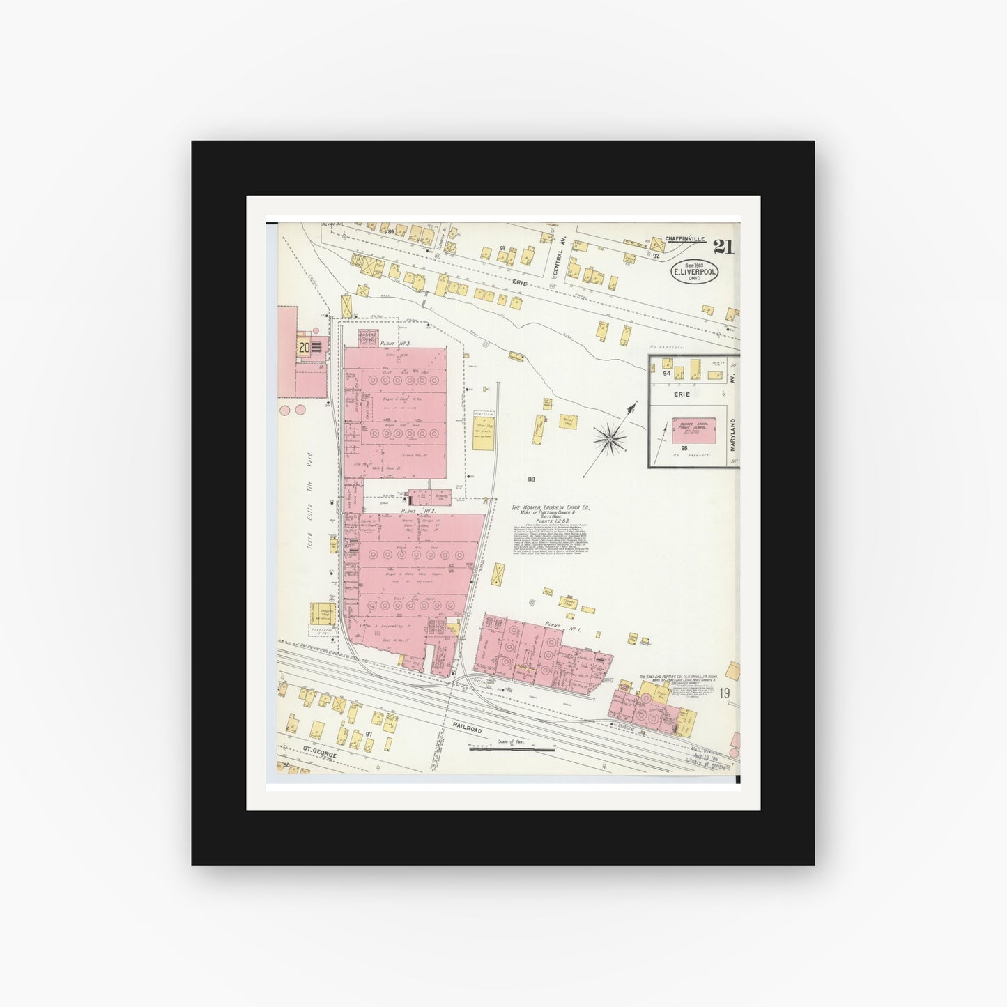 Old map wall art mockup — black gallery frame with white mat — Sanborn Fire Insurance Map from East Liverpool, Columbiana County, Ohio (1903), Sheet #0021