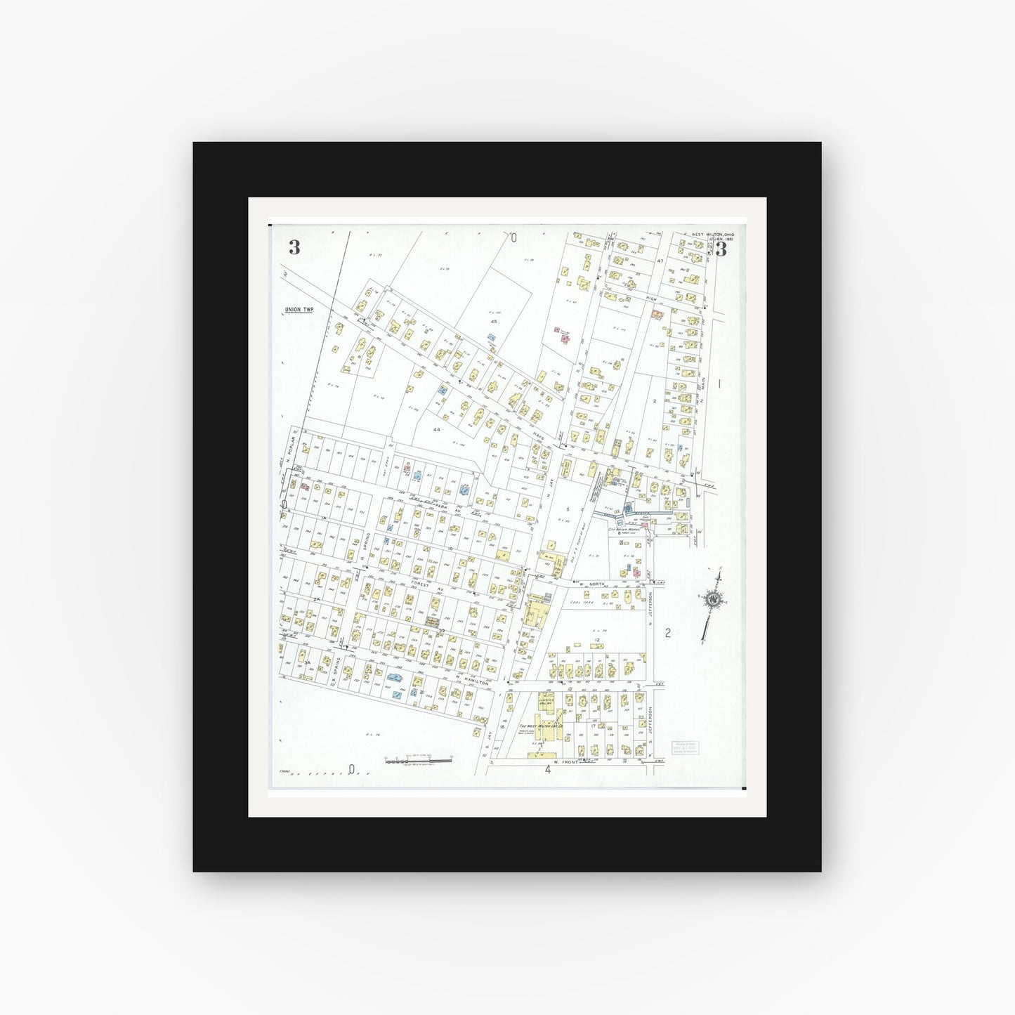 Old map wall art mockup — black gallery frame with white mat — Sanborn Fire Insurance Map from West Milton, Miami County, Ohio (1951), Sheet #0003