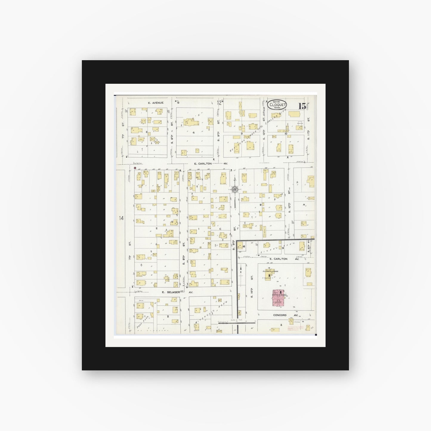 Old map wall art mockup — black gallery frame with white mat — Sanborn Fire Insurance Map from Cloquet, Carlton County, Minnesota (1911), Sheet #0015