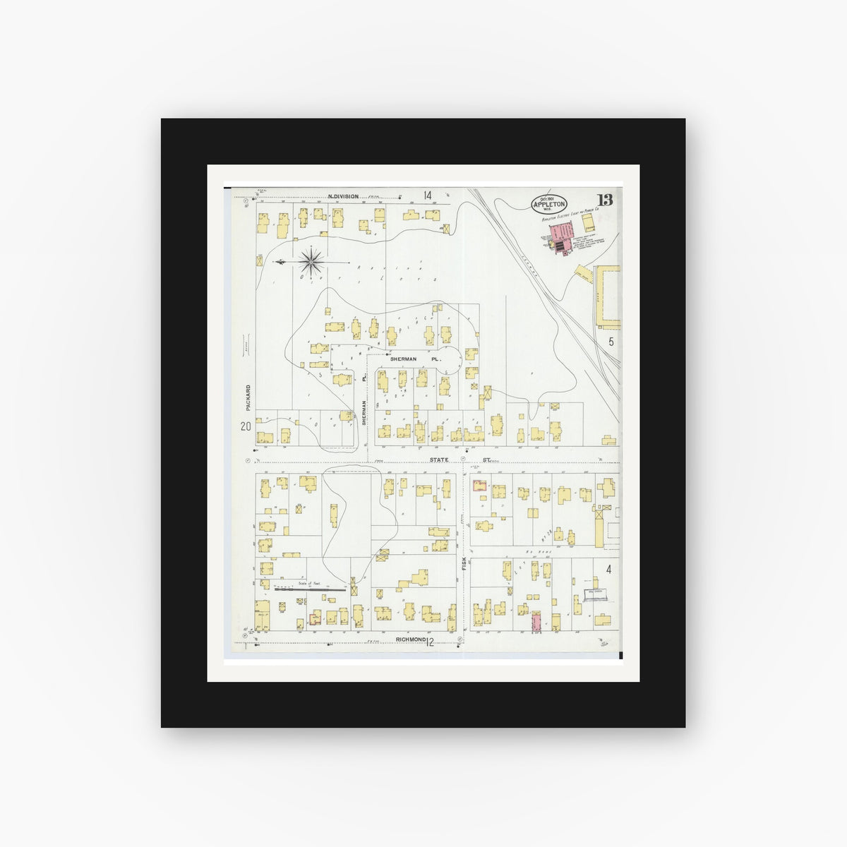 Old map wall art mockup — black gallery frame with white mat — Sanborn Fire Insurance Map from Appleton, Outagamie County, Wisconsin (1901), Sheet #0013