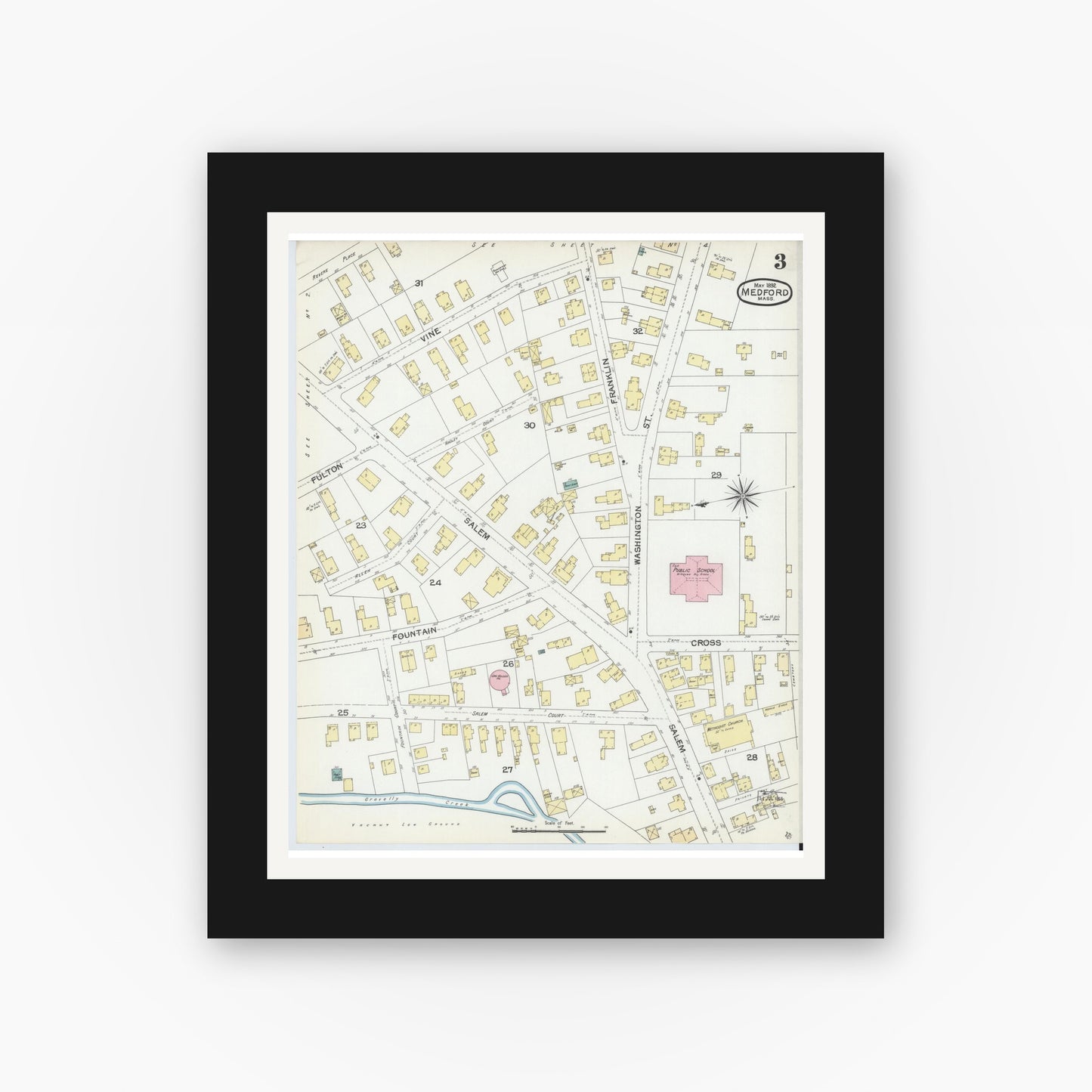 Old map wall art mockup — black gallery frame with white mat — Sanborn Fire Insurance Map from Medford, Middlesex County, Massachusetts (1892), Sheet #0003