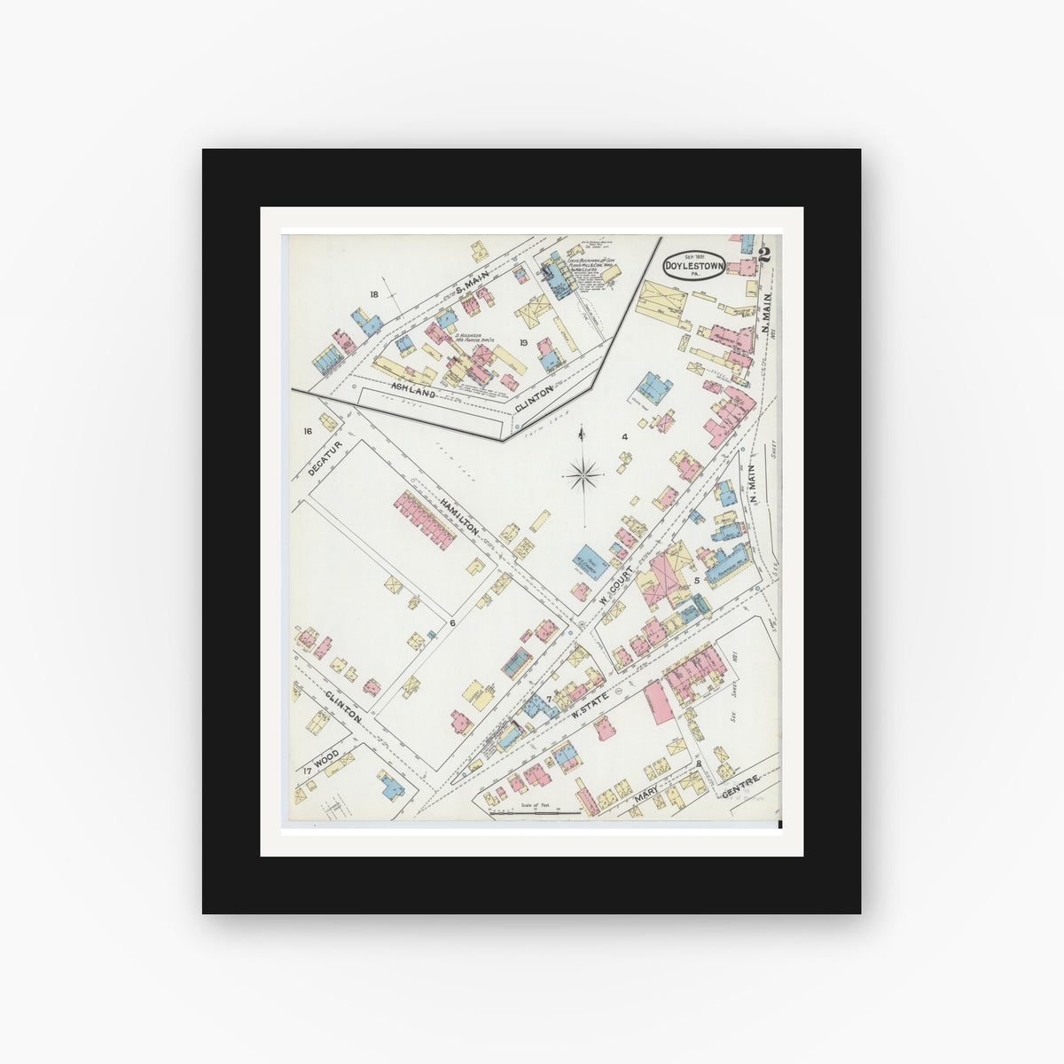 Old map wall art mockup β black gallery frame with white mat β Sanborn Fire Insurance Map from Doylestown, Bucks County, Pennsylvania (1891), Sheet #0002
