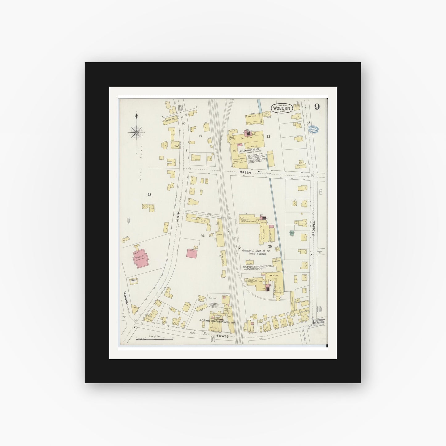 Old map wall art mockup — black gallery frame with white mat — Sanborn Fire Insurance Map from Woburn, Middlesex County, Massachusetts (1894), Sheet #0009