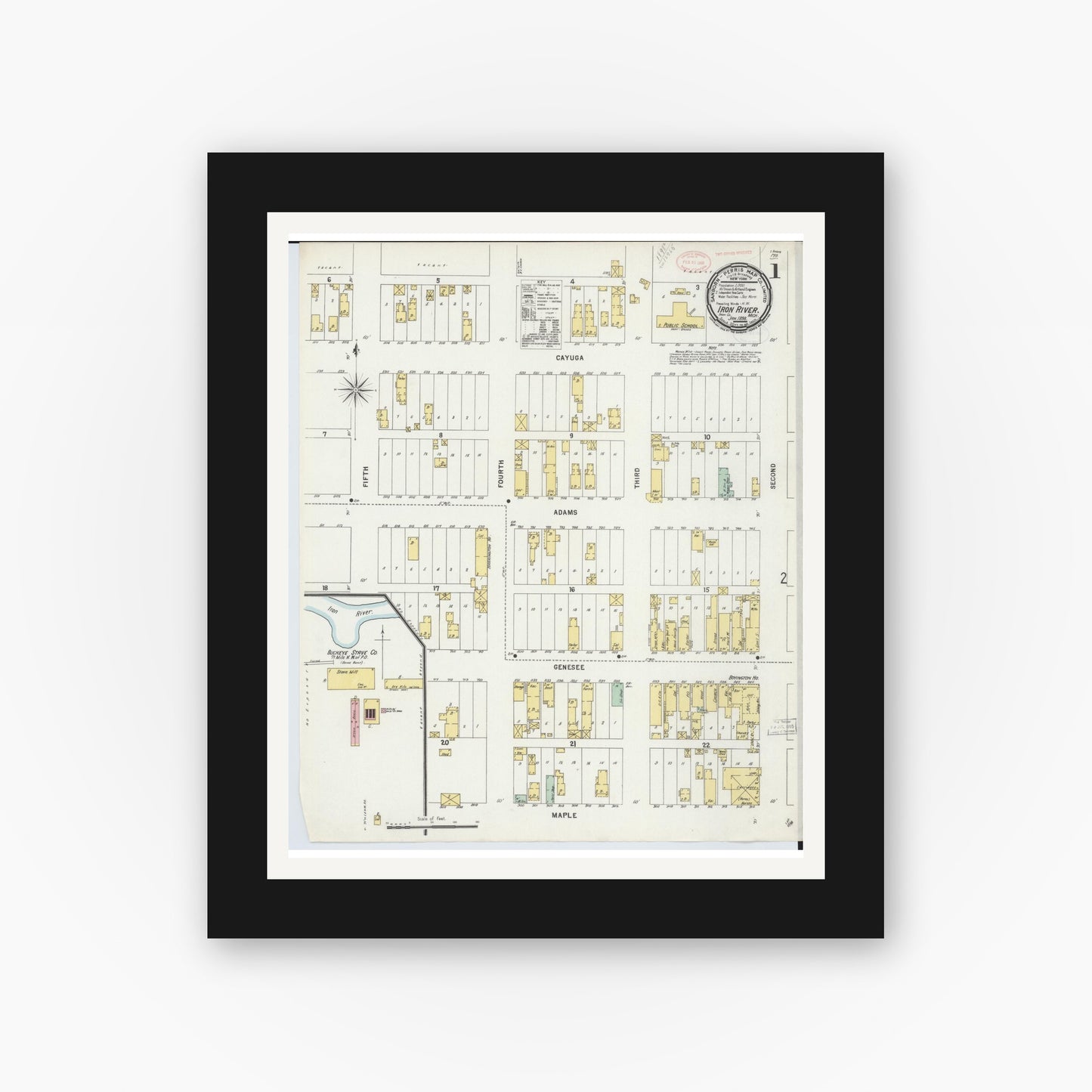 Old map wall art mockup — black gallery frame with white mat — Sanborn Fire Insurance Map from Iron River, Iron County, Michigan (1898) - Complete Map Set