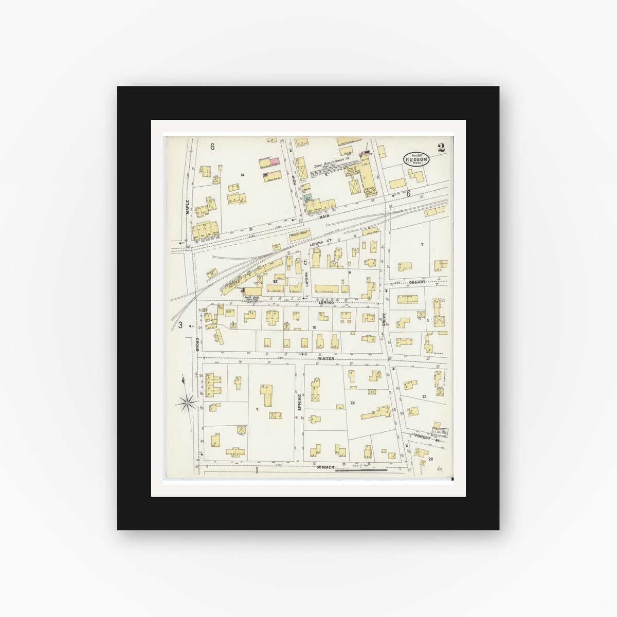 Old map wall art mockup — black gallery frame with white mat — Sanborn Fire Insurance Map from Hudson, Middlesex County, Massachusetts (1897), Sheet #0002