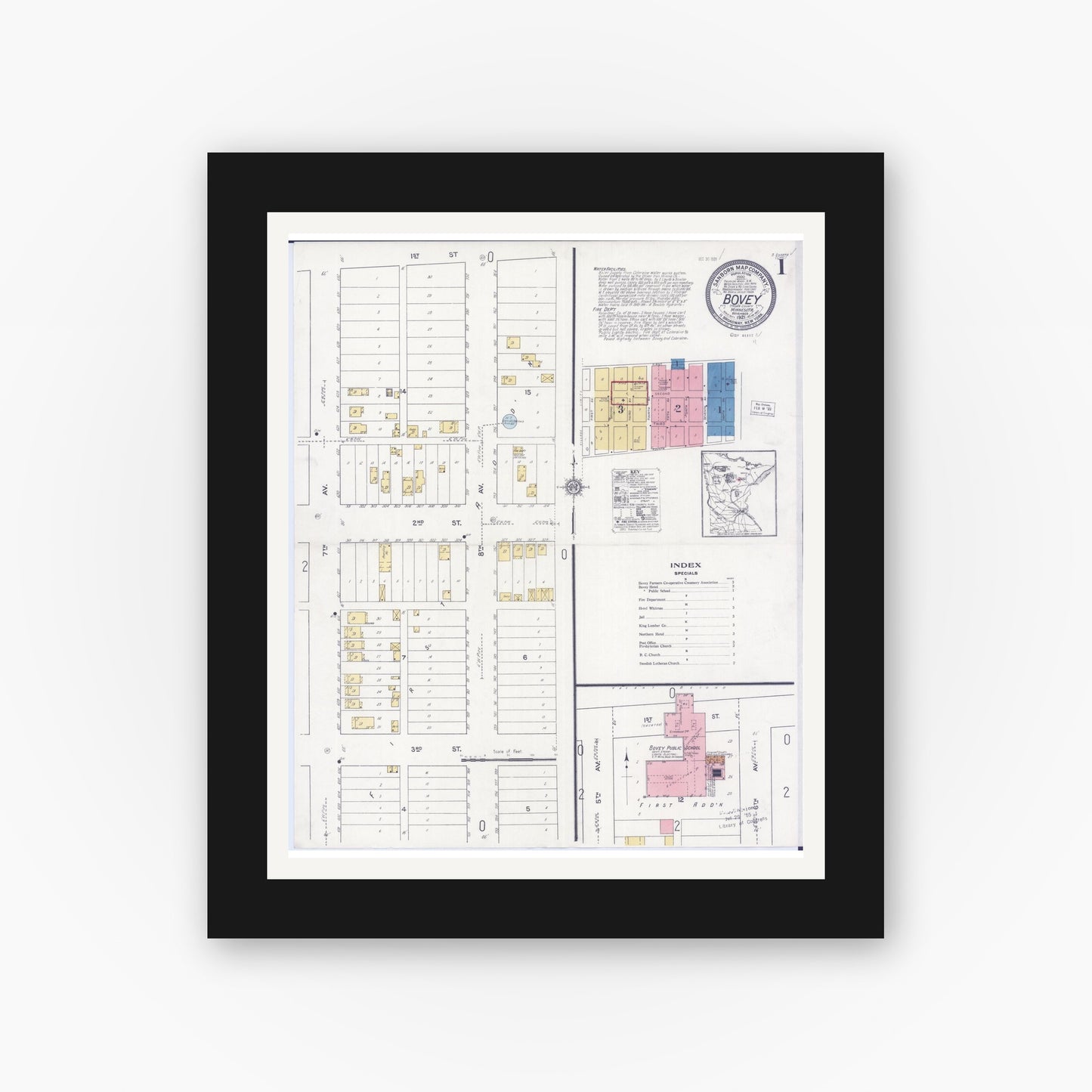 Old map wall art mockup — black gallery frame with white mat — Sanborn Fire Insurance Map from Bovey, Itasca County, Minnesota (1921), Sheet #0001