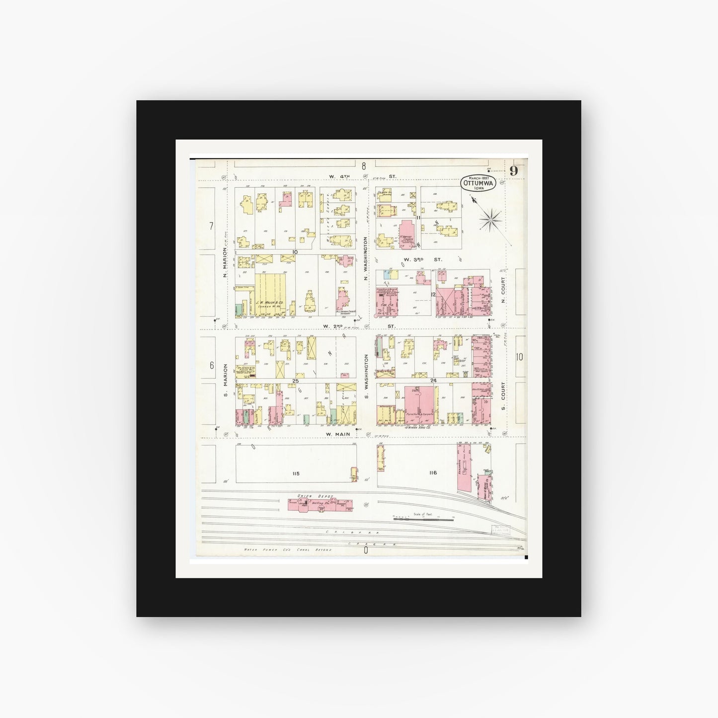 Old map wall art mockup β black gallery frame with white mat β Sanborn Fire Insurance Map from Ottumwa, Wapello County, Iowa (1897), Sheet #0009