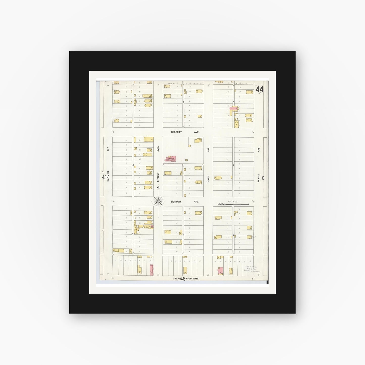 Old map wall art mockup — black gallery frame with white mat — Sanborn Fire Insurance Map from Hamilton, Butler County, Ohio (1899), Sheet #0044