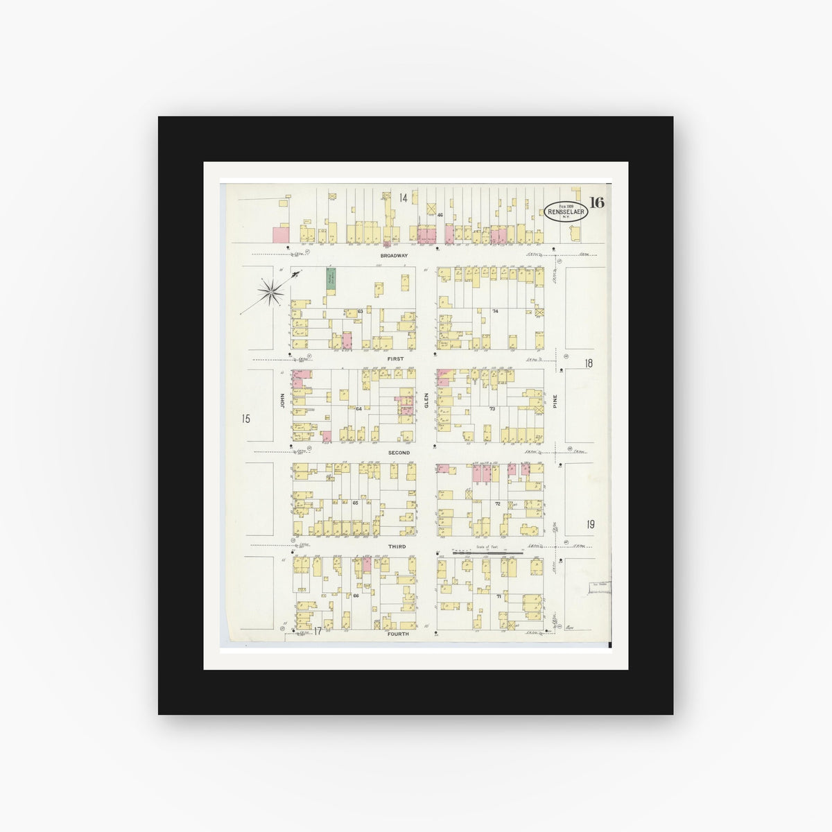 Old map wall art mockup — black gallery frame with white mat — Sanborn Fire Insurance Map from Rensselaer, Rensselaer County, New York (1909), Sheet #0016