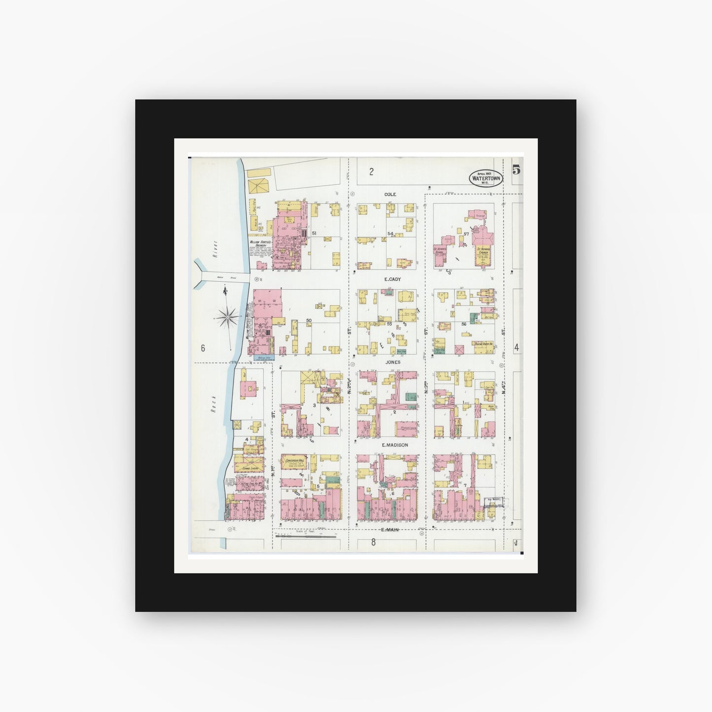 Old map wall art mockup — black gallery frame with white mat — Sanborn Fire Insurance Map from Watertown, Jefferson County, Wisconsin (1901), Sheet #0005