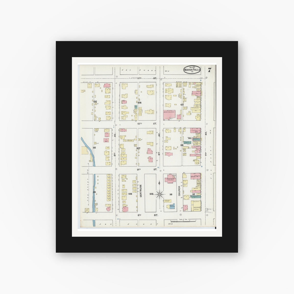 Old map wall art mockup — black gallery frame with white mat — Sanborn Fire Insurance Map from Beaver Falls, Beaver County, Pennsylvania (1891), Sheet #0007