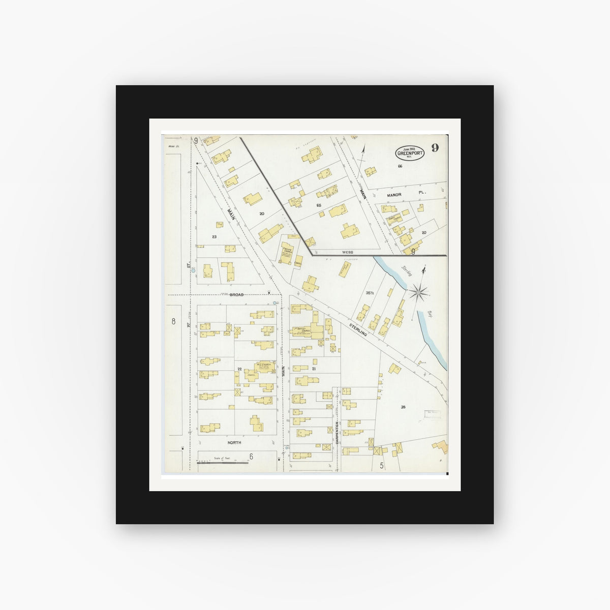 Old map wall art mockup — black gallery frame with white mat — Sanborn Fire Insurance Map from Greenport, Suffolk County, New York (1902), Sheet #0009