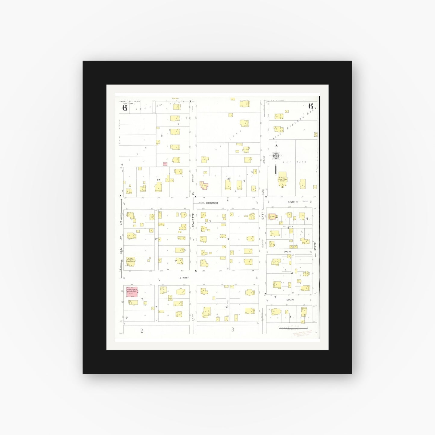 Old map wall art mockup β black gallery frame with white mat β Sanborn Fire Insurance Map from Story City, Story County, Iowa (1932), Sheet #0006