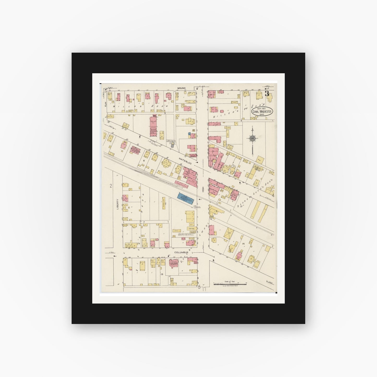 Old map wall art mockup — black gallery frame with white mat — Sanborn Fire Insurance Map from Canal Winchester, Franklin County, Ohio (1922), Sheet #0003