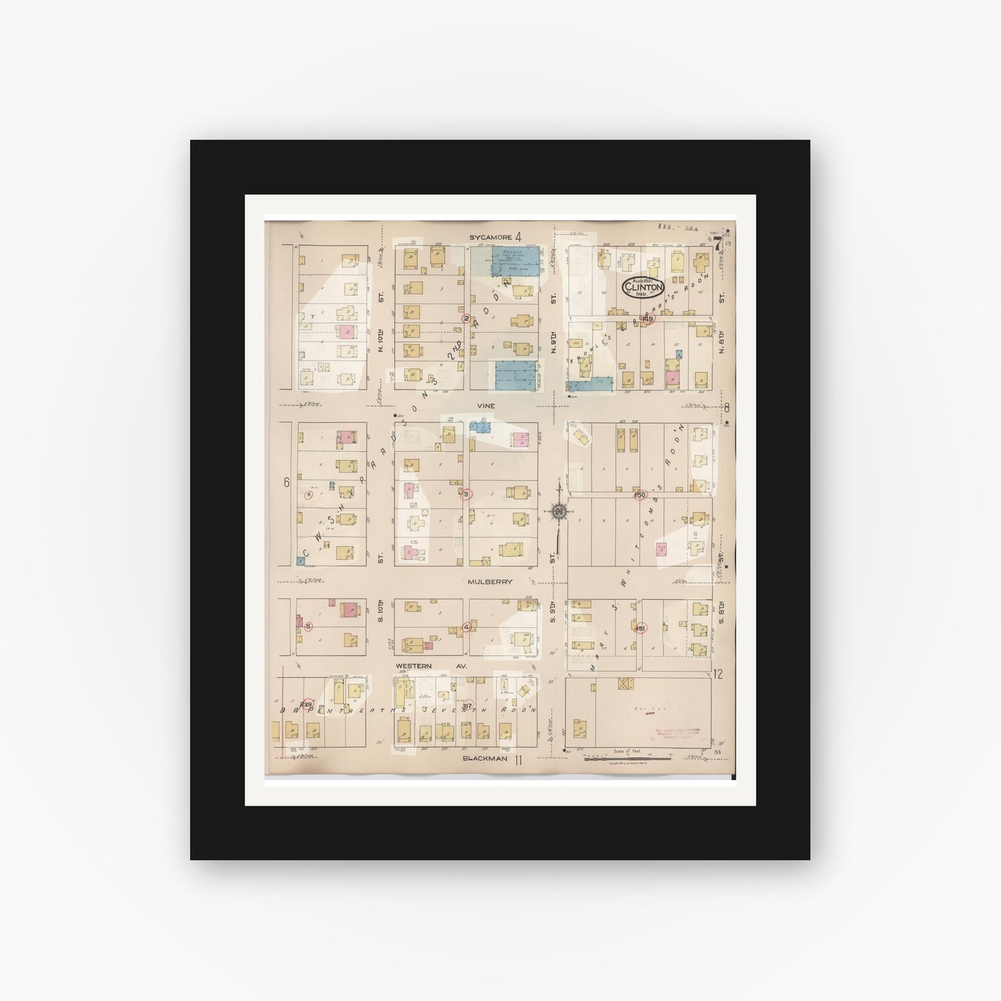 Old map wall art mockup — black gallery frame with white mat — Sanborn Fire Insurance Map from Clinton, Vermillion County, Indiana (1947), Sheet #0007