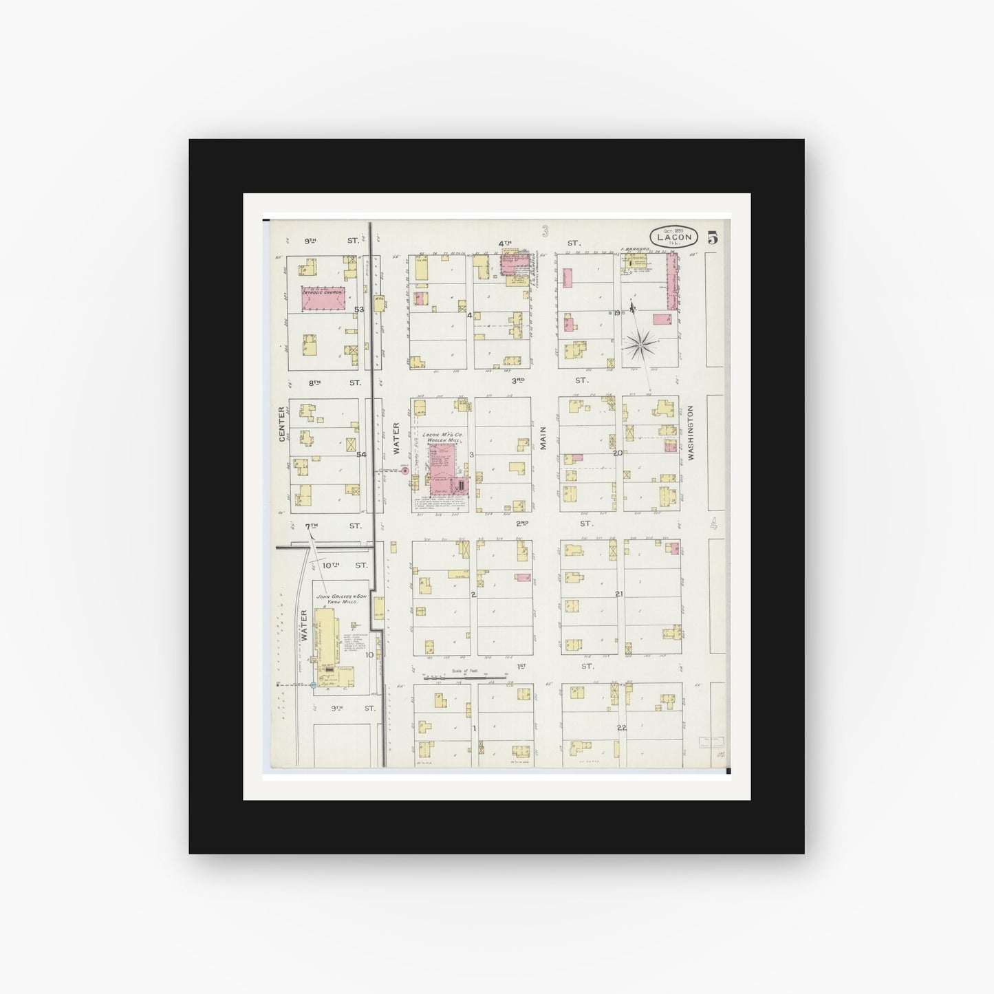 Old map wall art mockup — black gallery frame with white mat — Sanborn Fire Insurance Map from Lacon, Marshall County, Illinois (1893), Sheet #0005