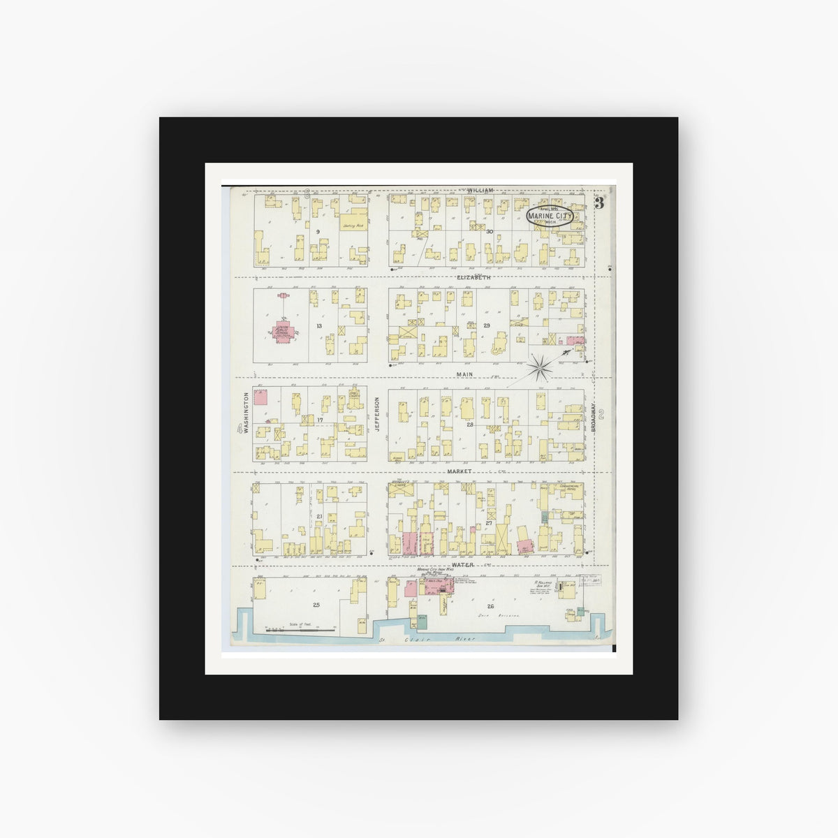 Old map wall art mockup — black gallery frame with white mat — Sanborn Fire Insurance Map from Marine City, Saint Clair County, Michigan (1895), Sheet #0003