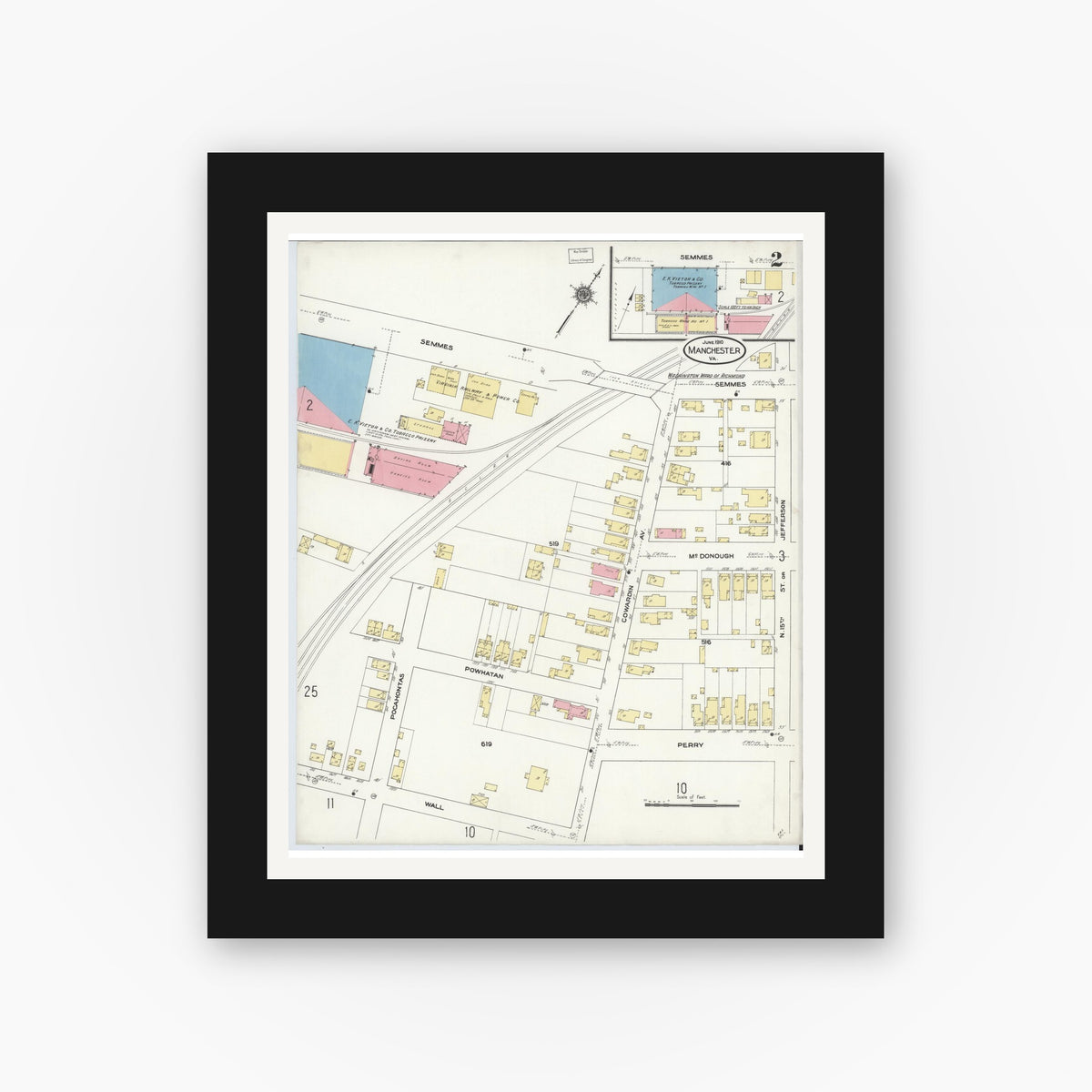 Old map wall art mockup — black gallery frame with white mat — Sanborn Fire Insurance Map from Manchester, Chesterfield County, Virginia (1910), Sheet #0002