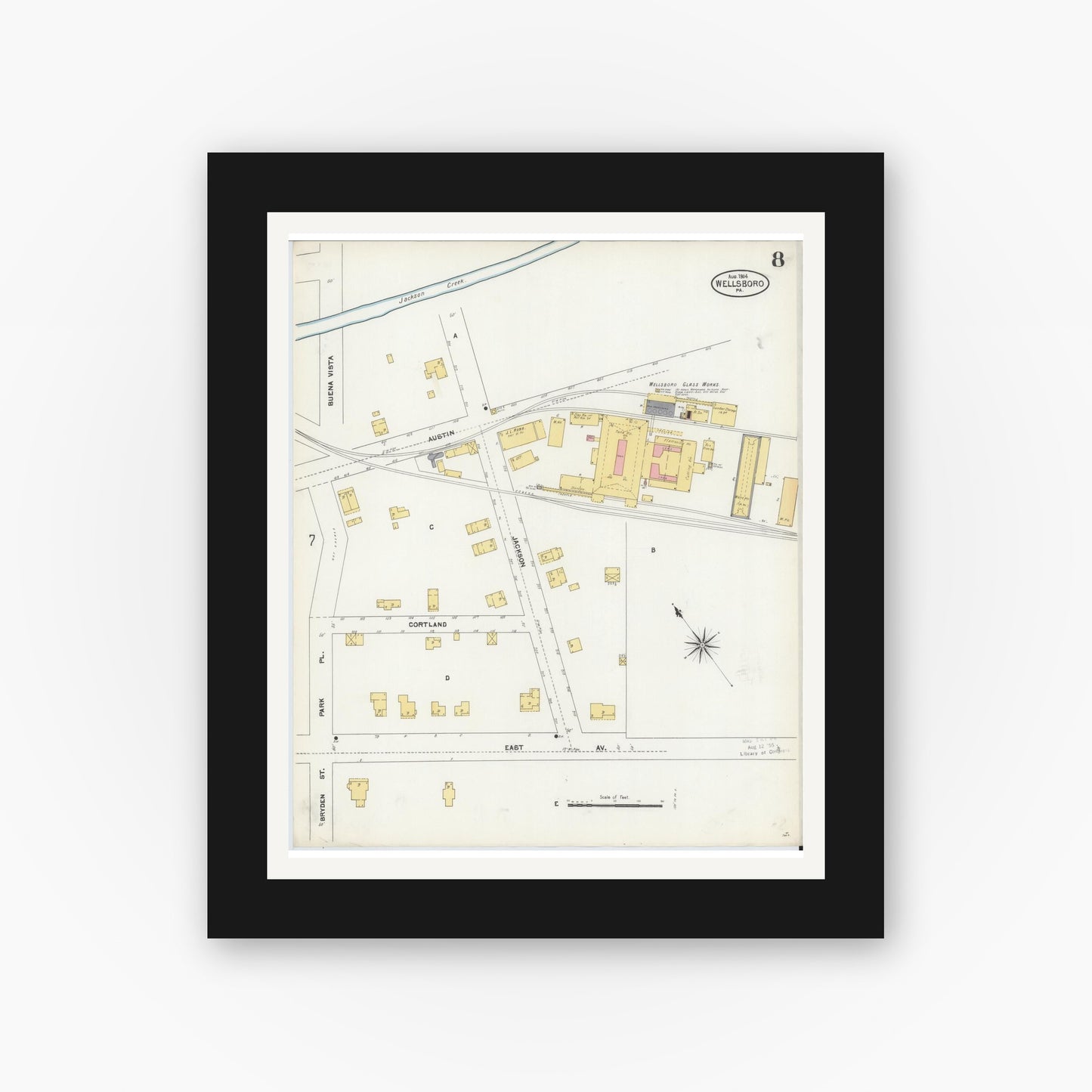 Old map wall art mockup — black gallery frame with white mat — Sanborn Fire Insurance Map from Wellsboro, Tioga County, Pennsylvania (1904), Sheet #0008
