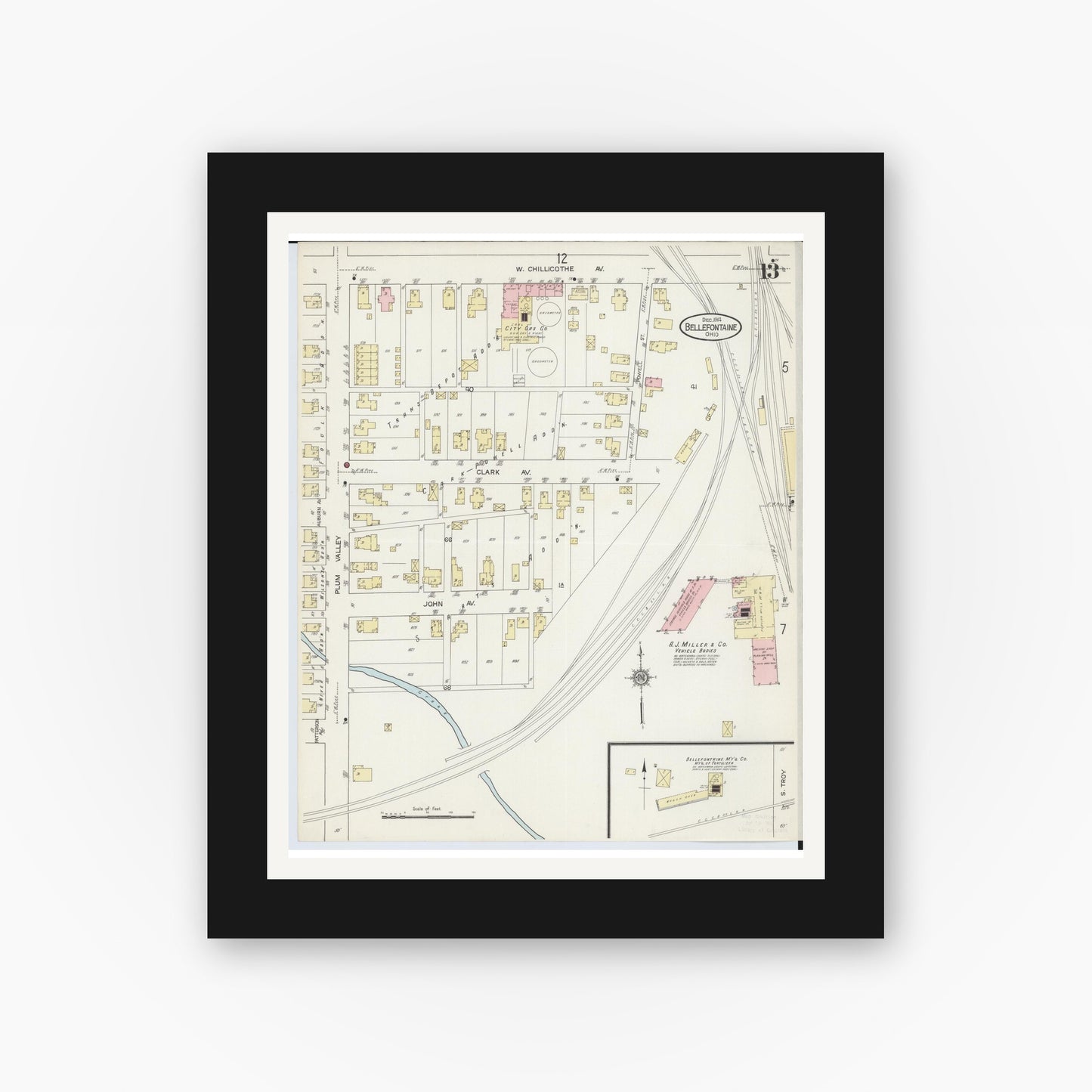 Old map wall art mockup — black gallery frame with white mat — Sanborn Fire Insurance Map from Bellefontaine, Logan County, Ohio (1914), Sheet #0013