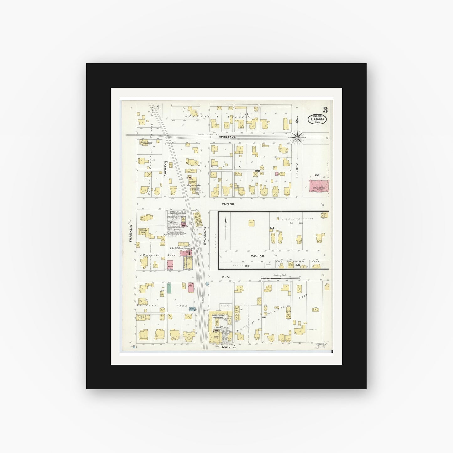 Old map wall art mockup — black gallery frame with white mat — Sanborn Fire Insurance Map from Ladoga, Montgomery County, Indiana (1908), Sheet #0003