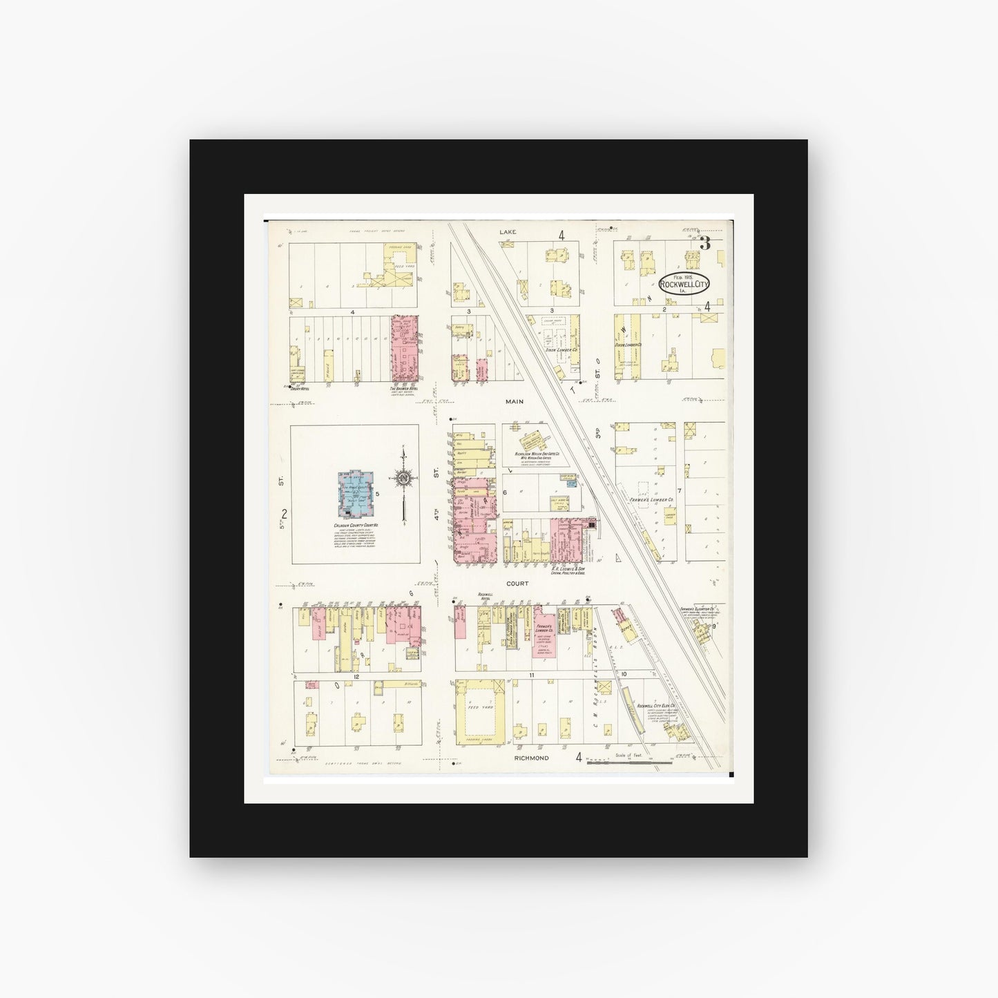 Old map wall art mockup — black gallery frame with white mat — Sanborn Fire Insurance Map from Rockwell City, Calhoun County, Iowa (1915), Sheet #0003