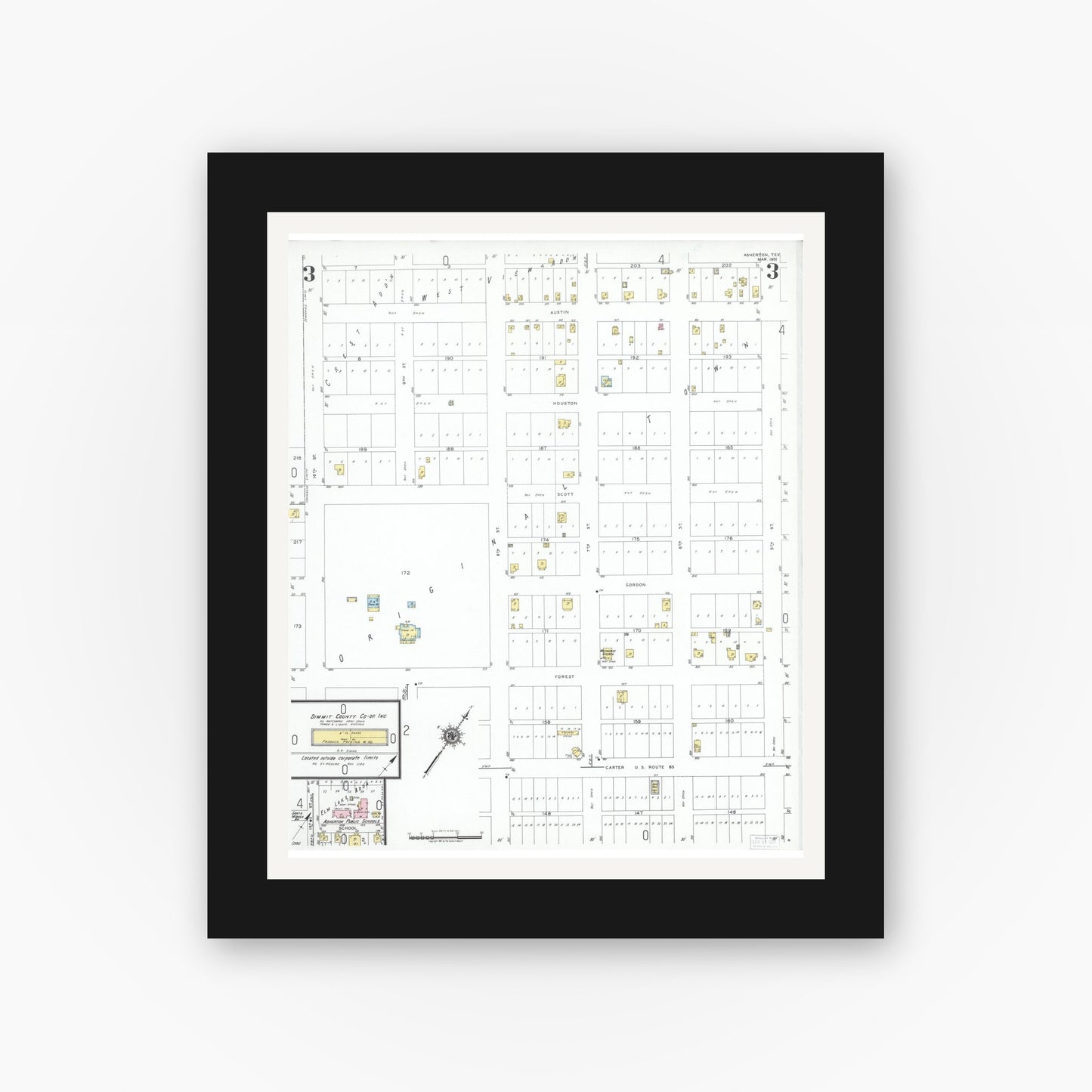 Old map wall art mockup — black gallery frame with white mat — Sanborn Fire Insurance Map from Asherton, Dimmit County, Texas (1951), Sheet #0003