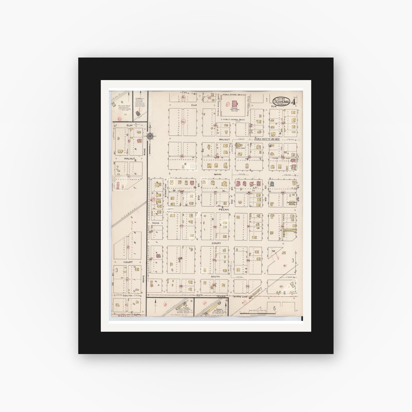 Old map wall art mockup — black gallery frame with white mat — Sanborn Fire Insurance Map from Texhoma, Texas County, Oklahoma and Sherman County, Texas, Texas (1930), Sheet #0004