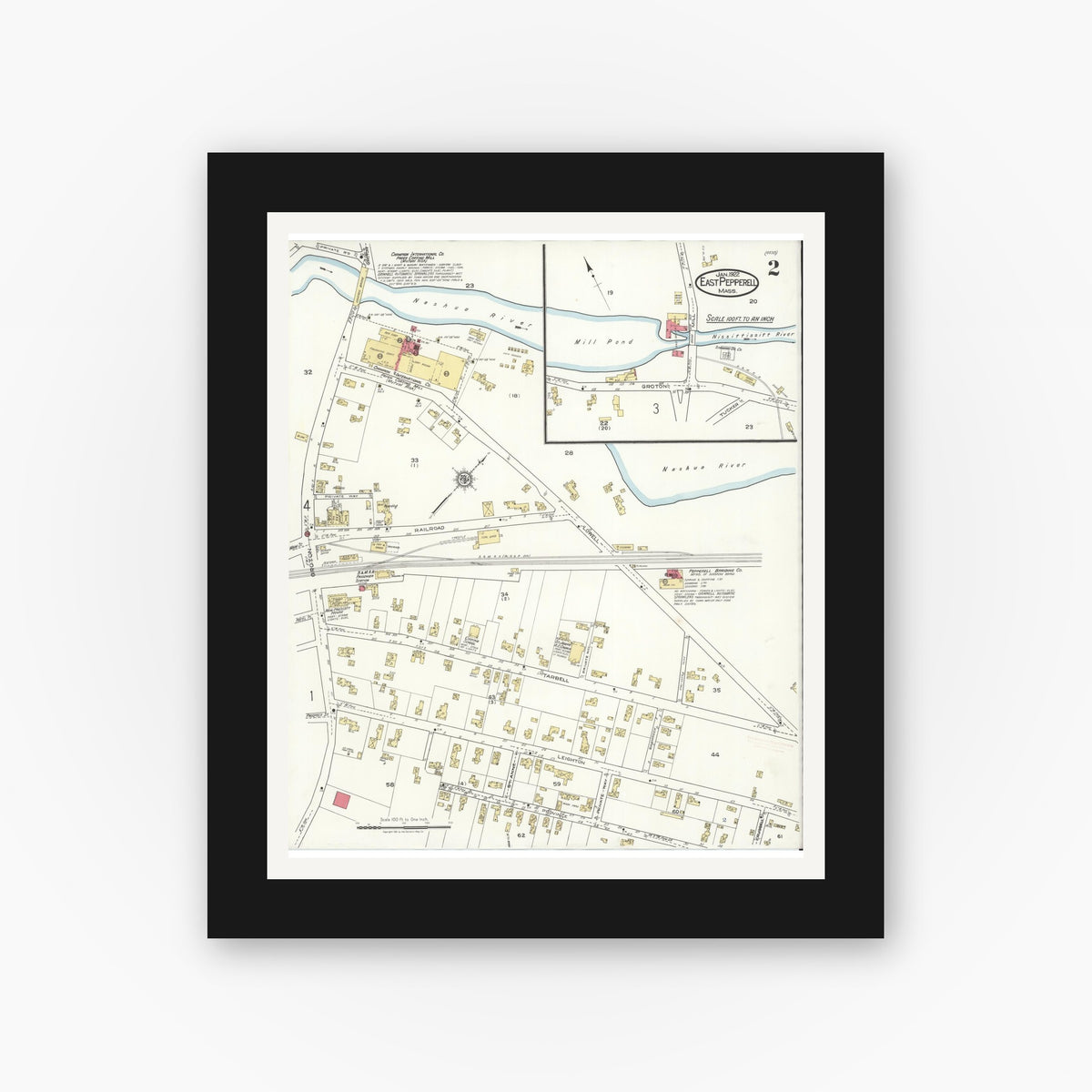 Old map wall art mockup — black gallery frame with white mat — Sanborn Fire Insurance Map from East Pepperell, Middlesex County, Massachusetts (1922), Sheet #0002