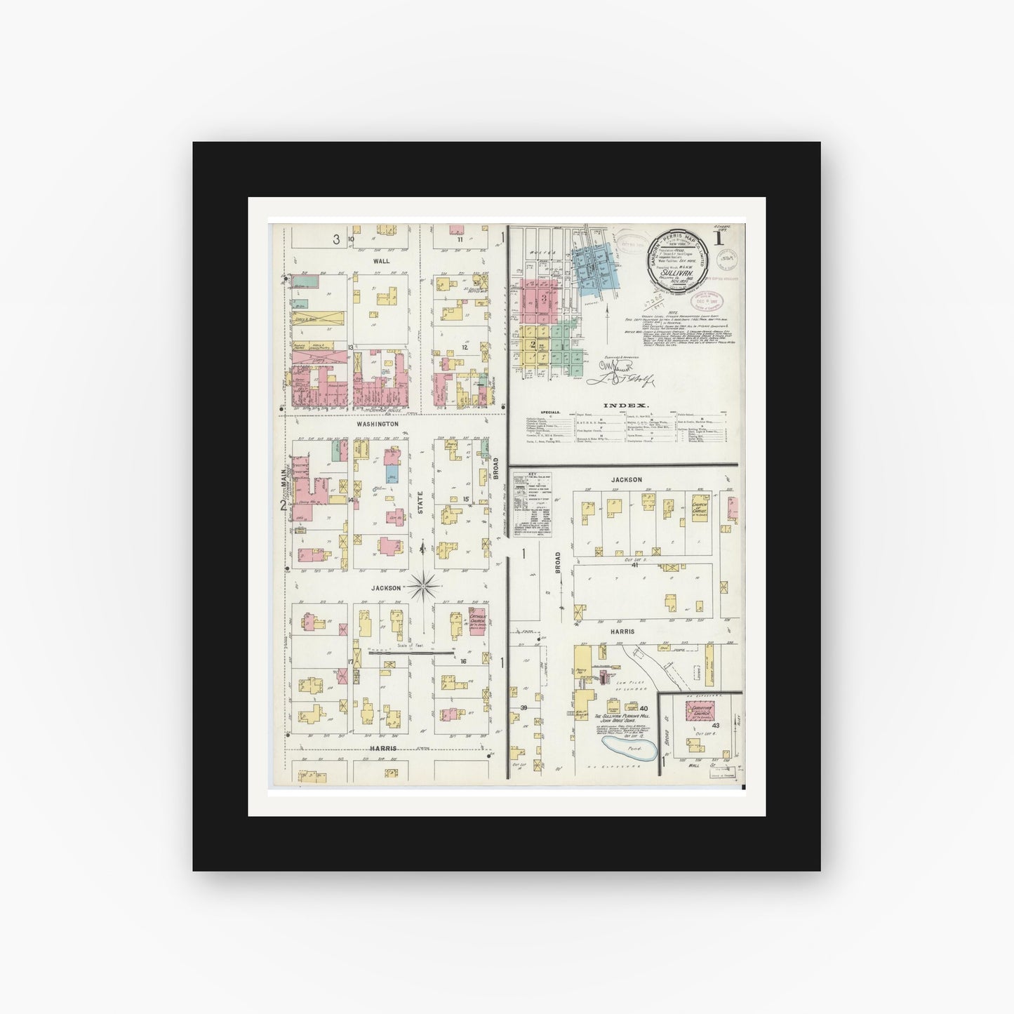 Old map wall art mockup — black gallery frame with white mat — Sanborn Fire Insurance Map from Sullivan, Sullivan County, Indiana (1897), Sheet #0001